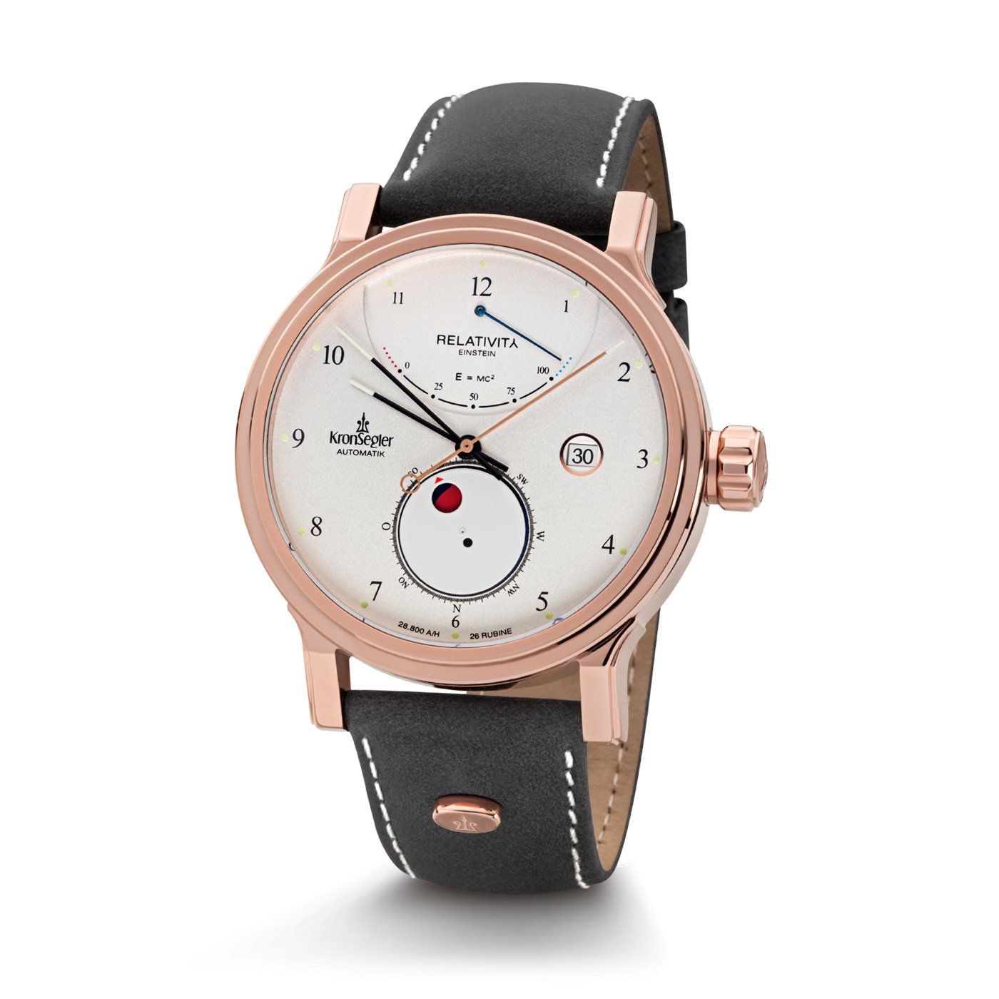 Kronsegler Einstein - Relativity Rosé Weiß - Herrenuhr Automatik | Automatikuhr 43mm mit Saphirglas | Gangreserveanzeige, Lederband