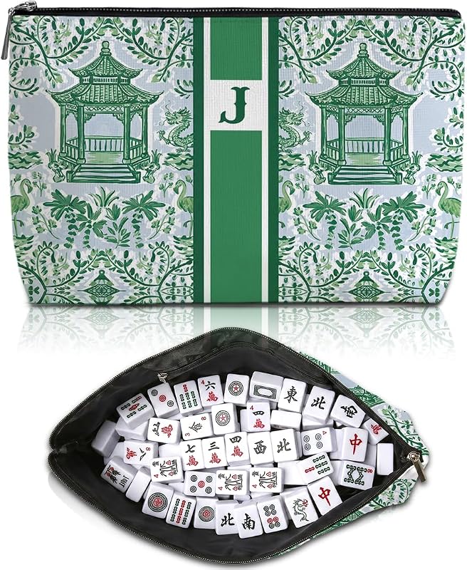 Bolsa para peças de Mahjong com zíper, letra inicial J personalizada, verde, 1 unidade