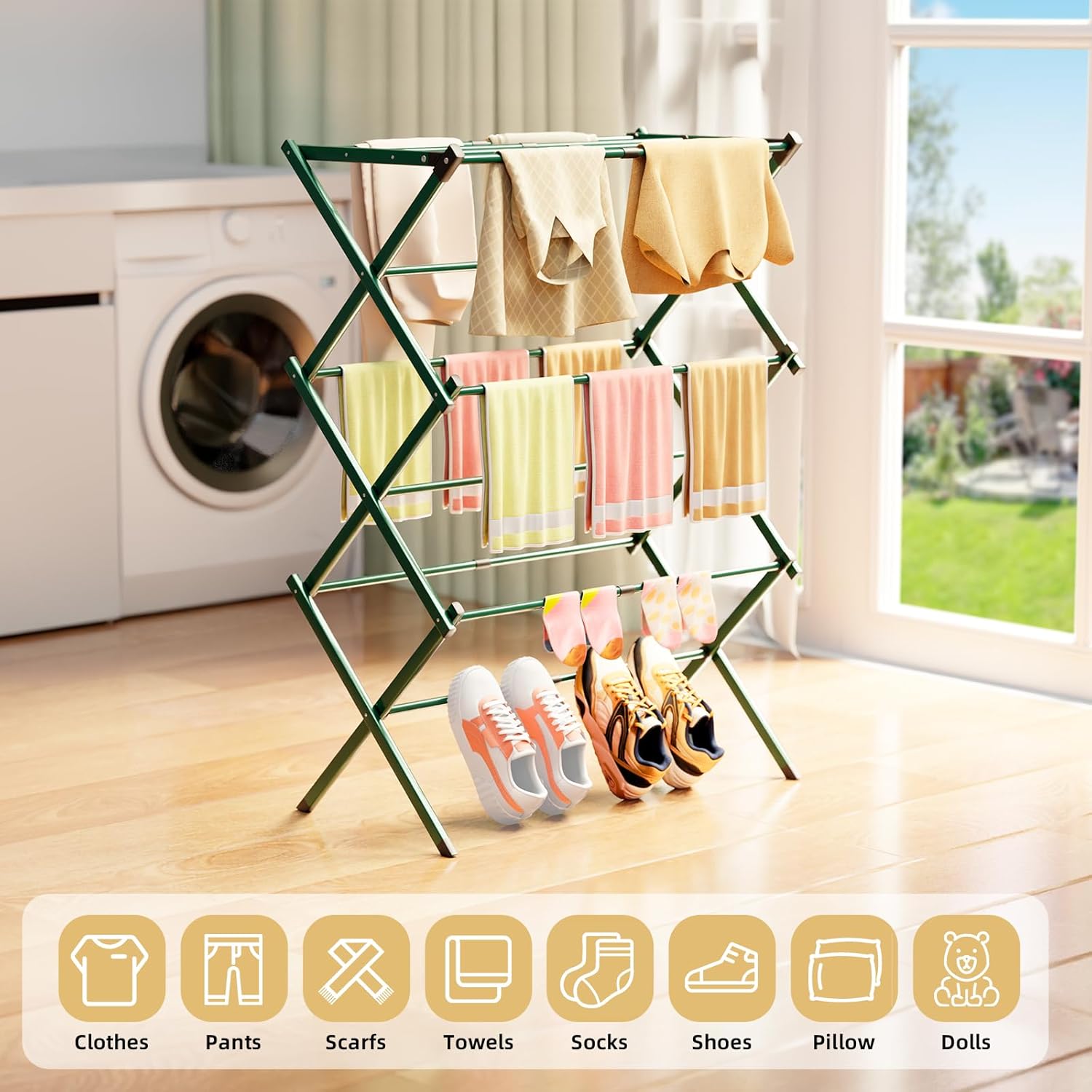 BAKON Clothes-Drying-Rack-Foldable for Small Space, Laundry-Drying Rack Collapsible for Hanging Clothes, Metal Clothing Dry Rack Suit for Indoor & Outdoor, Dorm Room, Apartments, RV, Green