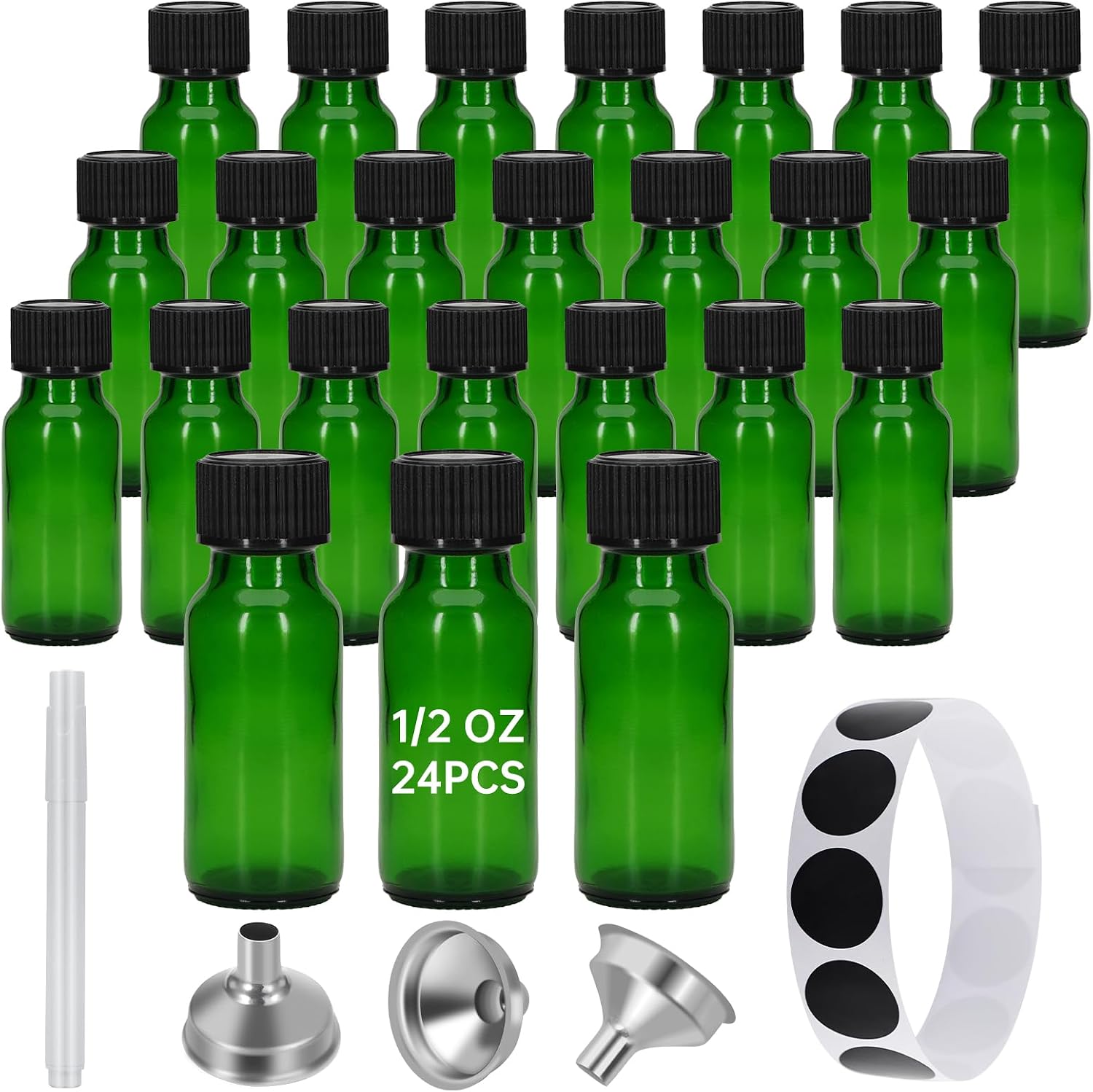 24Pcs Green 0.5 oz Glass Boston Bottles with Black Poly Cone Cap, 15ML Round Glass Bottle for Essential Oil, Perfume and Liquid Boston Round Bottles- UV Rays Protection (24)