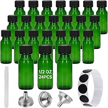 24Pcs Green 0.5 oz Glass Boston Bottles with Black Poly Cone Cap, 15ML Round Glass Bottle for Essential Oil, Perfume and Liquid Boston Round Bottles- UV Rays Protection 24