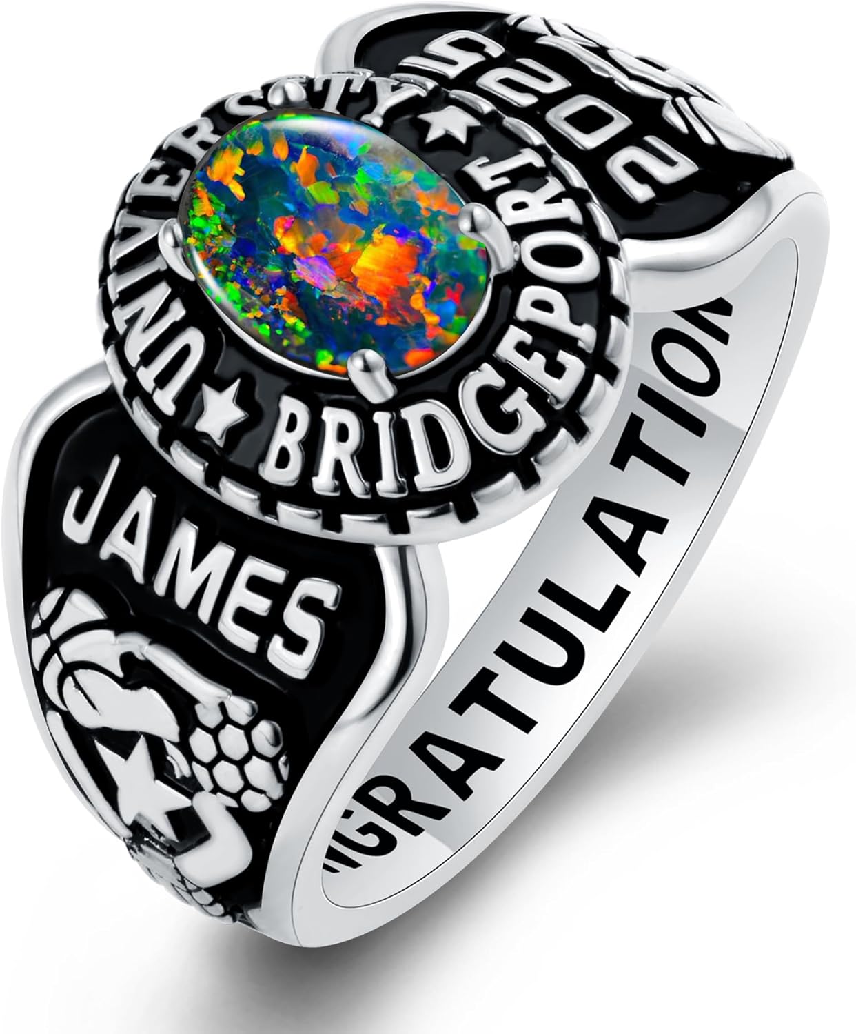 Custom Class Rings Fully Personalized Class Rings for Women Opal Birthstone Sterling Silver Rings Class Rings for Women High School Size 5-13 Women's High School Class Rings