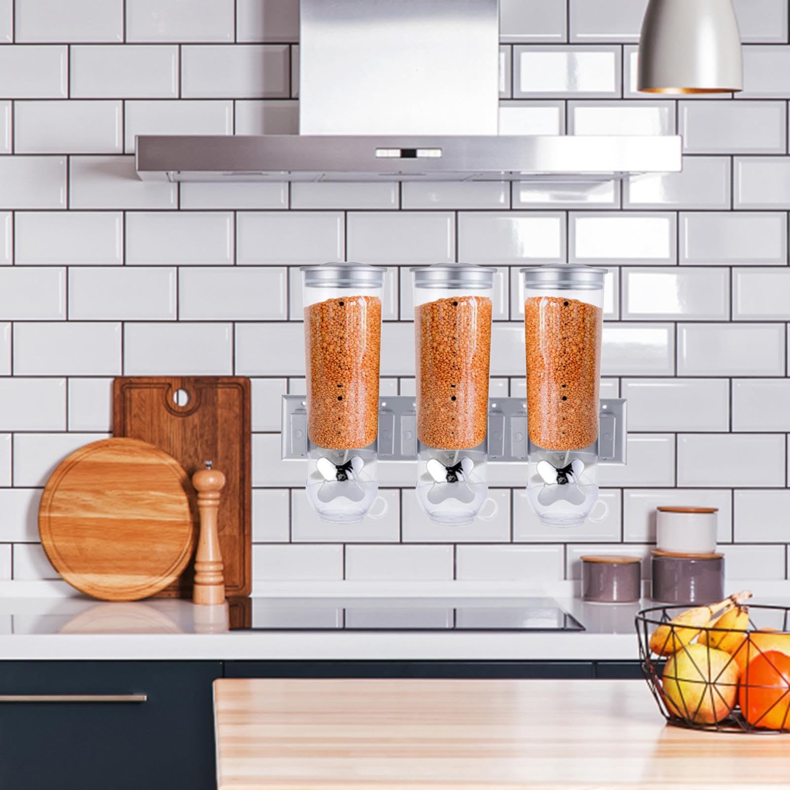 Dispenser per cereali montato a parete, dispenser per cibo secco, 3 pezzi | contenitore per cereali con 3 tazze, dispenser per caramelle da parete, per snack, riso, cereali e farina