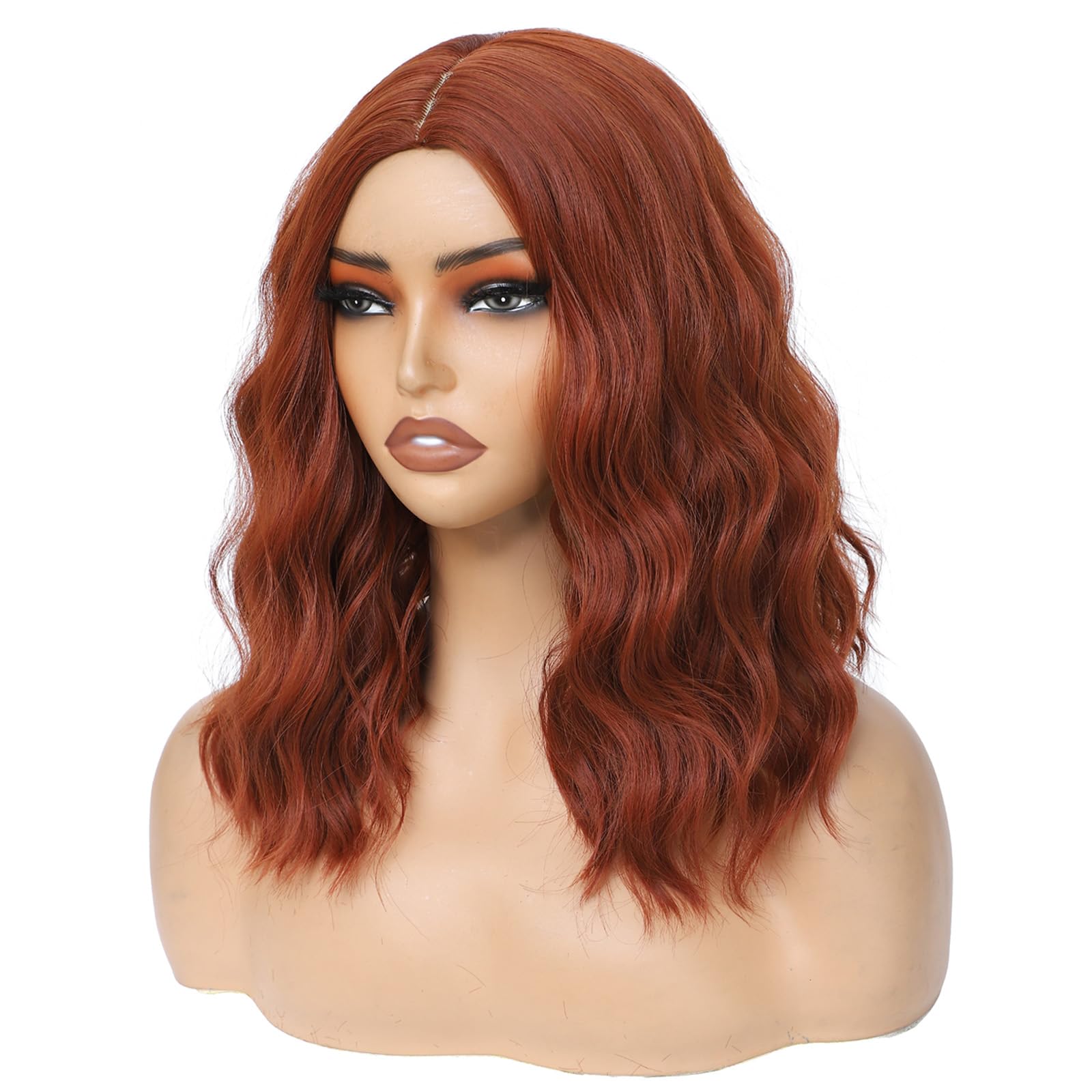BEAUTIFA Auburn Wig for Women, Wavy Curly Auburn Bob Wigs Middle Part 14 Inch Shoulder Length Heat Resistant Synthetic Colorful Wig