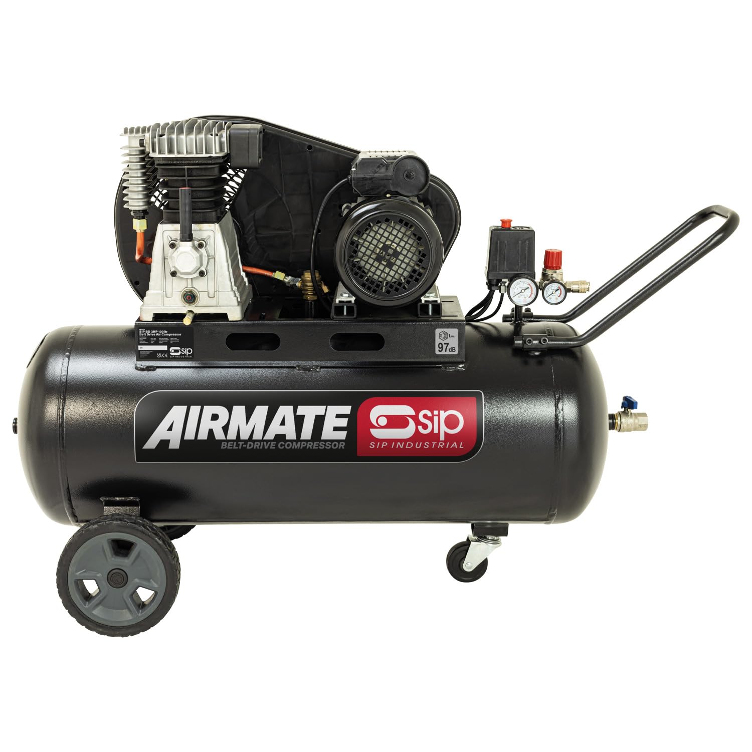 SIP Airmate Belt Drive Air Compressor, 230V 13A, 100L, 3hp / 2.2kW, 145psi / 10 Bar 14CFM 97dB