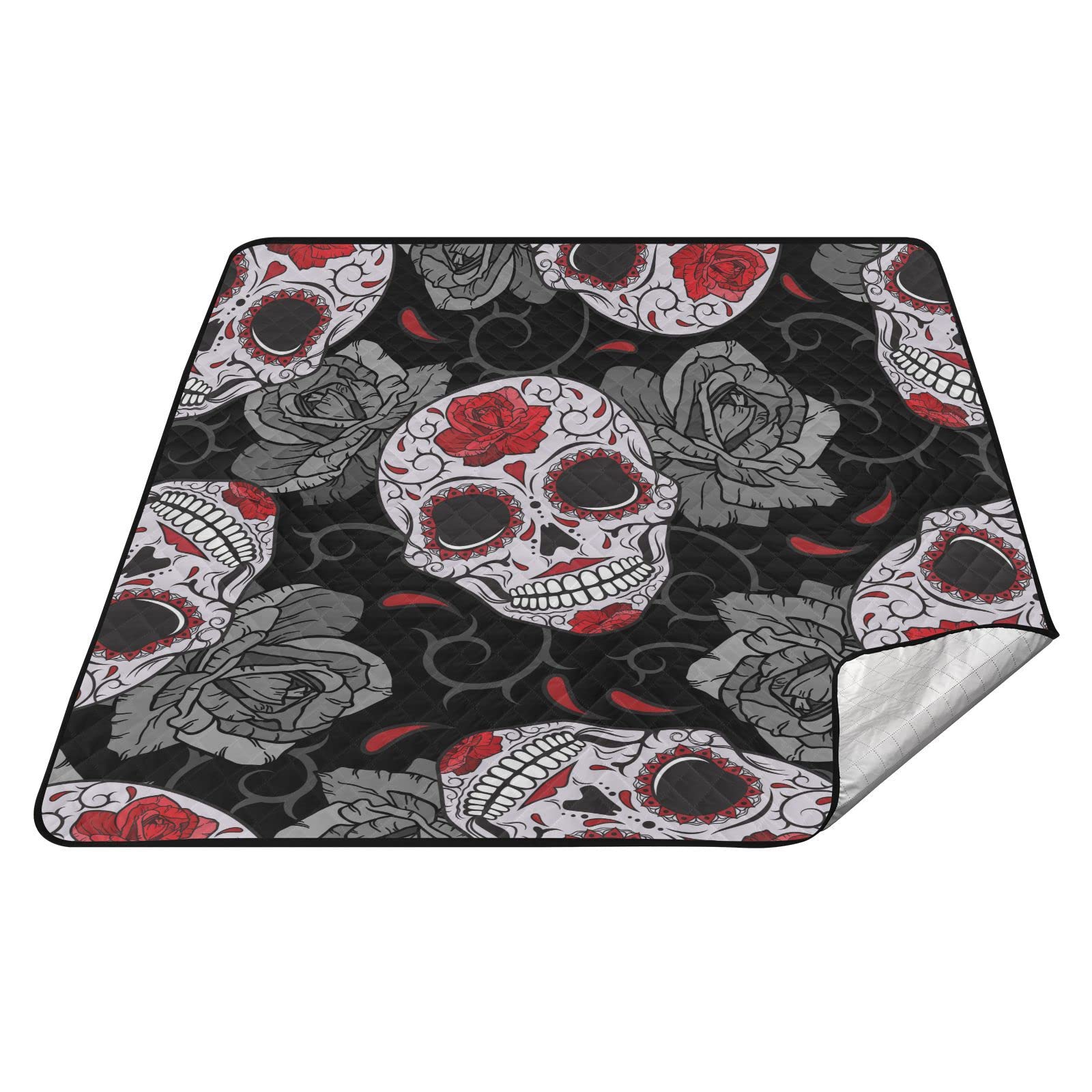 Sanddichte Campingdecke Rasendecke mit Stauraum für Picknick Gothic Totenkopf Rosen