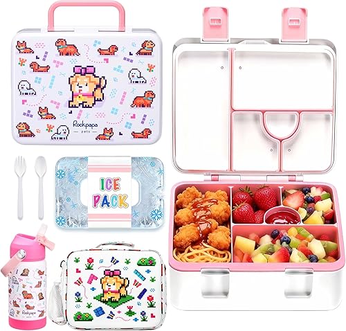 Miniatura 19 de rockpapa Fiambrera Bento de 5 compartimentos para niños con utensilios y botella de agua aislada y bolsa de almuerzo con correa, juego de Dinosaurio