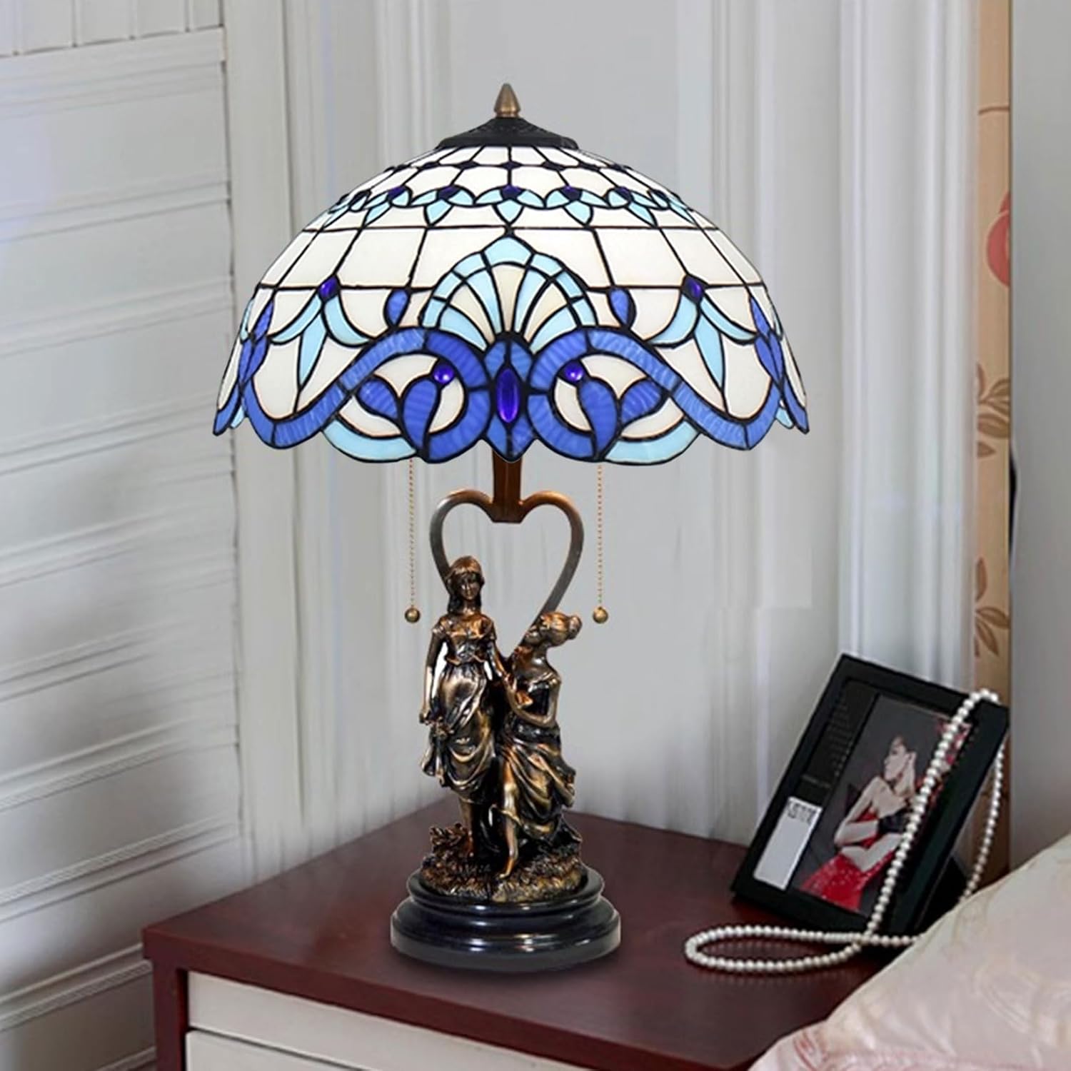 Baroque Stained Glass Lampshades Tiffany Lamp Shade 16" Wide Accessories Replacement Only with Cap Vintage Blue White Light Cover for Table Lamp Pendant Light Floor Lamp Ceiling Fixture,White