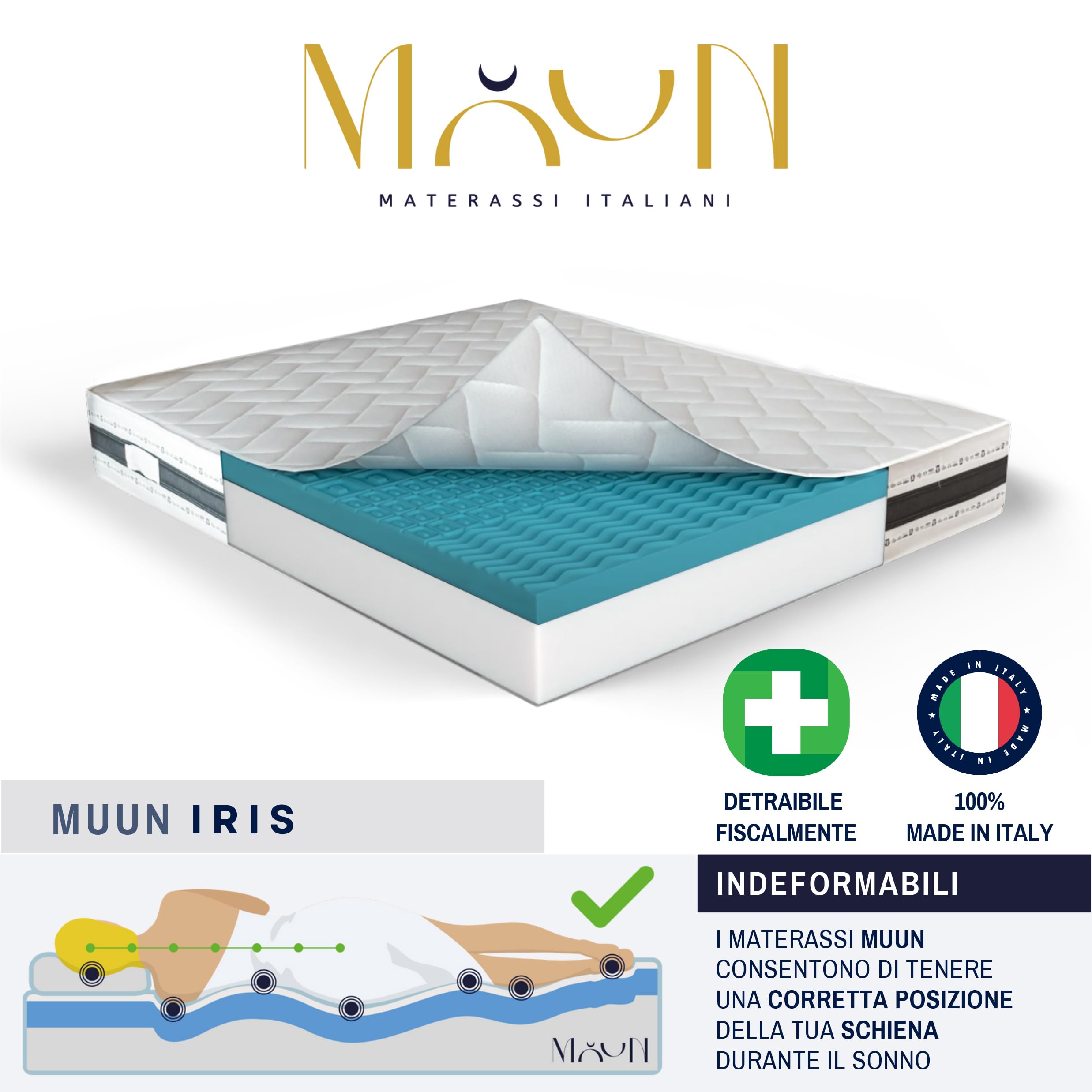 MUUN Materasso UNA PIAZZA E MEZZA in Memory Foam, 120 x 200 cm, Anallergico e Ipoallergenico, ALTEZZA 21 CM, Isola il Movimento, Bassa Manutenzione, Flessibile e Morbido, GARANTITO 20 ANNI, Mod. IRIS