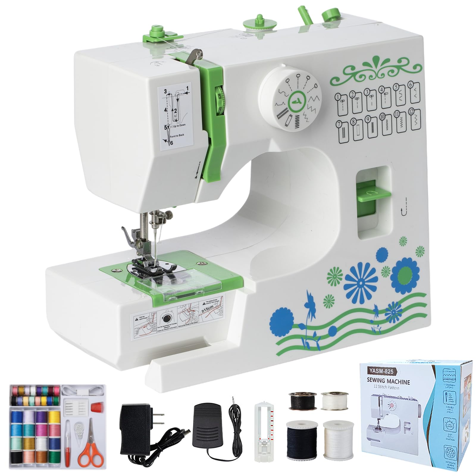 Machine à Coudre Portable Débutant, Qoosea 12 Modèles de Points Sewing Machine avec Kit Accessoires et Lumière LED, Multifonction Petite Machine à Coudre électrique pour DIY et Vêtements Vert