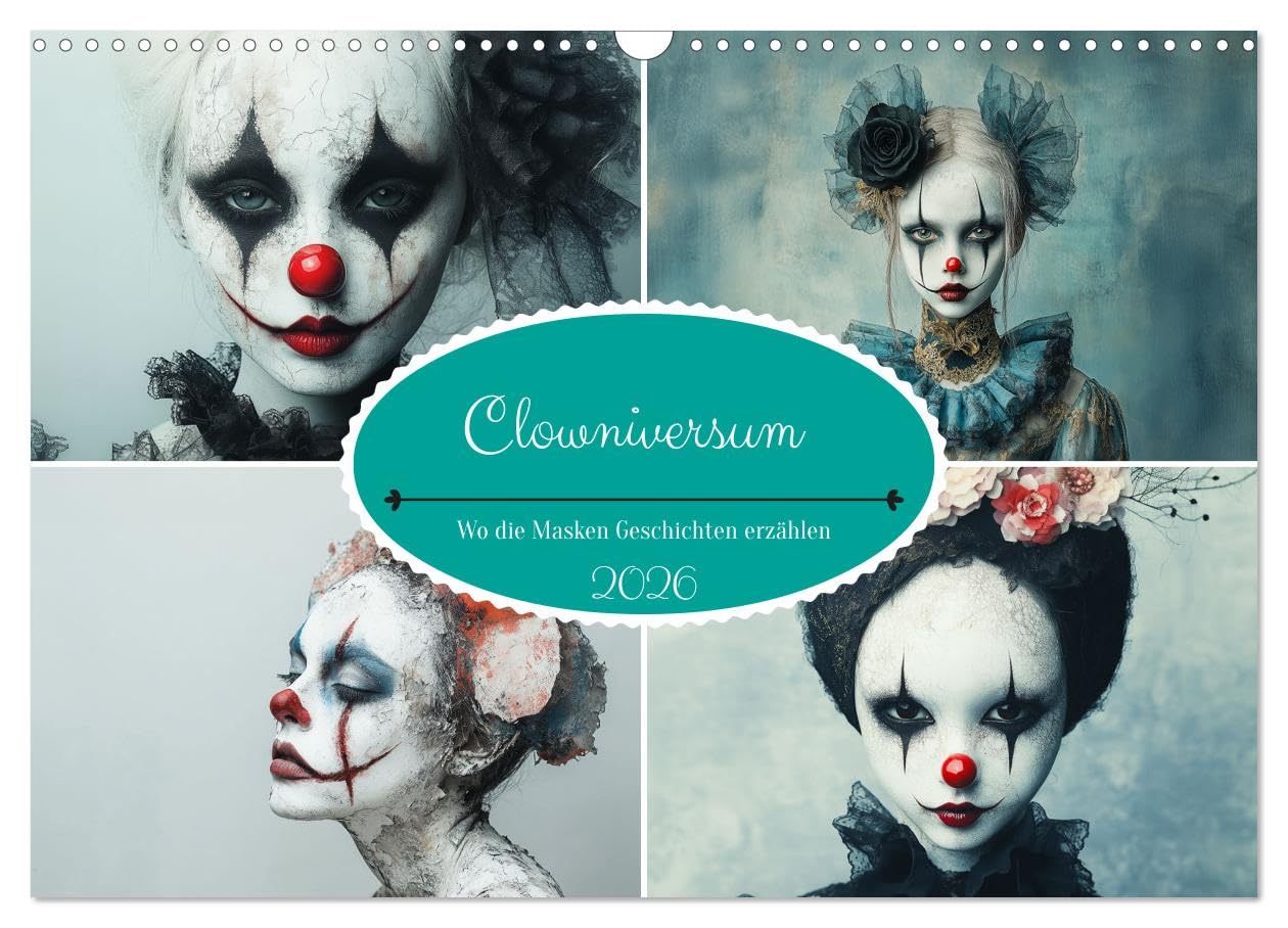 Clowniverse - Where the masks tell stories UK-Version (Wall Calendar 2026 DIN A3 Landscape), CALVENDO 12 Month Wall Calendar
