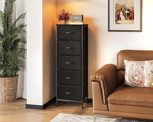Miniatura 3 de Cómoda para dormitorio con 5 cajones de almacenamiento, cómoda de tela de 48 pulgadas de alto con marco de acero resistente, color negro