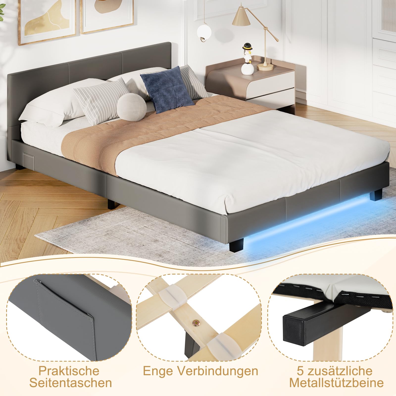 COSTWAY Łóżko z oświetleniem LED, 140 x 200 cm, rama łóżka tapicerowanego ze stelażem, rama łóżka podwójnego z zagłówkiem ze sztucznej skóry (kolor szary)