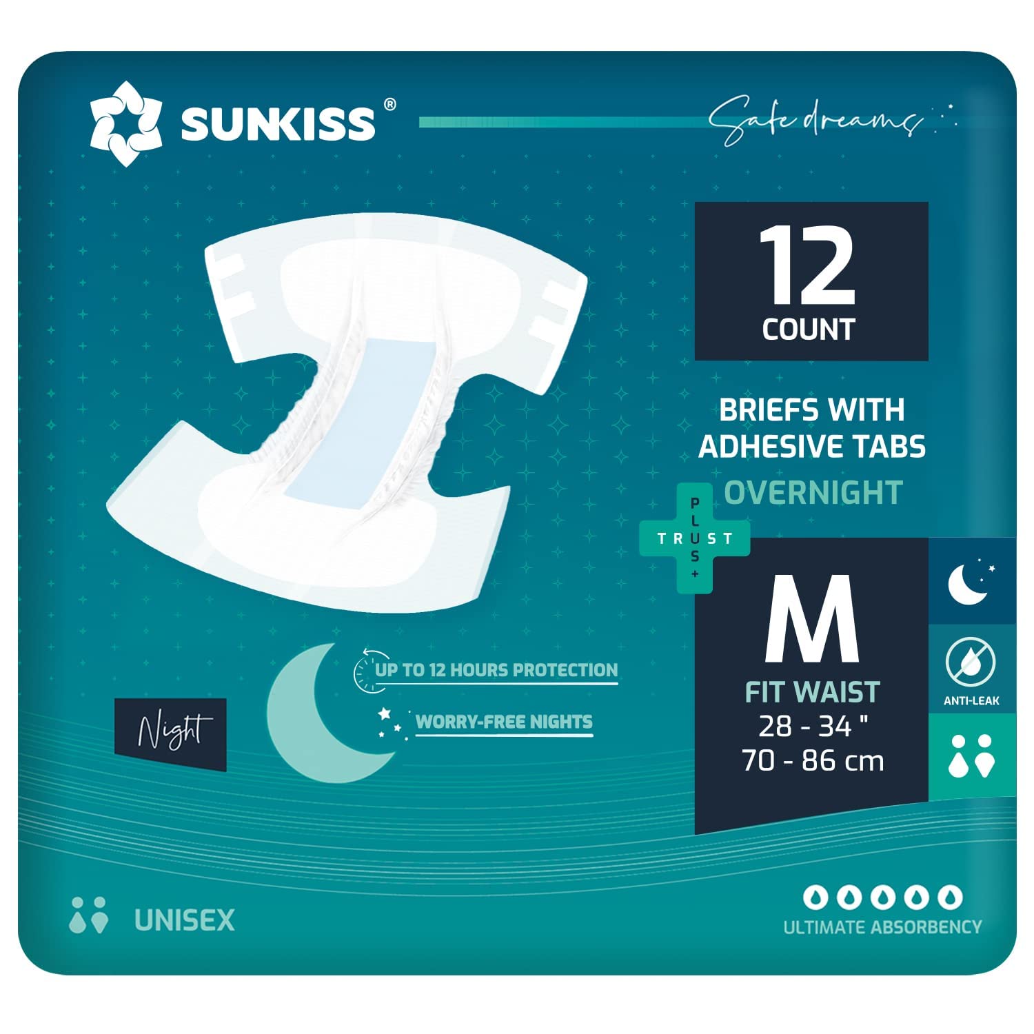 SUNKISS TrustPlus Overnight Adult Diapers with Ultimate Absorbency, Unisex Disposable Incontinence Briefs with Tabs for Men and Women, Medium, 48 Count