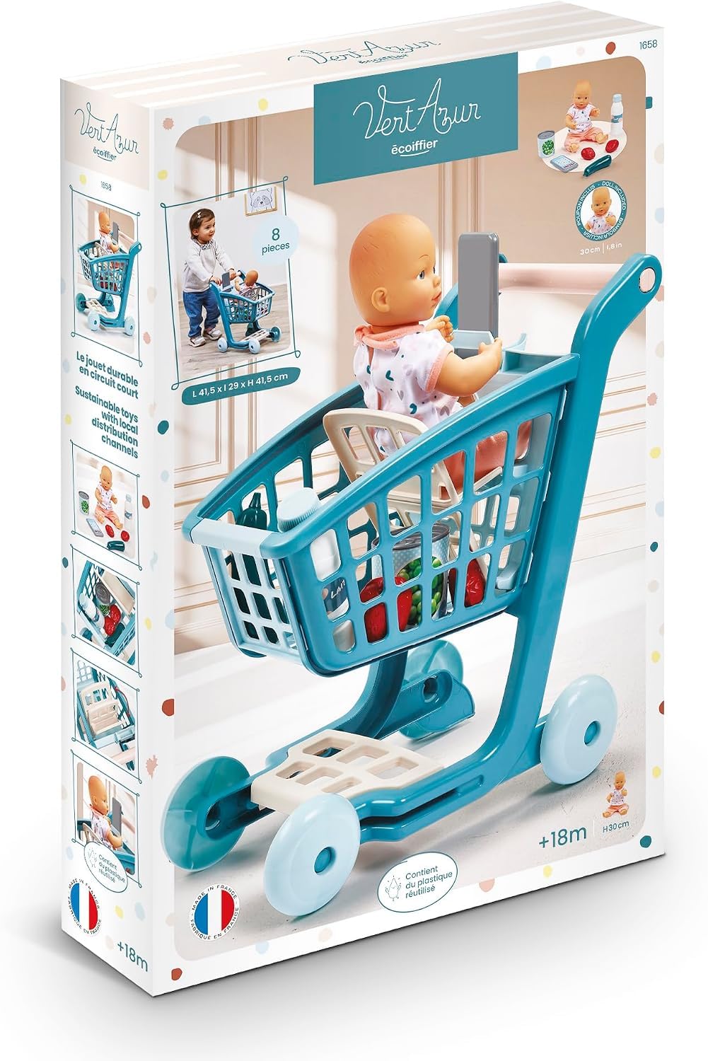 Ecoiffier - Carrello per la Spesa con Bambola, Set Gioco di Ruolo con Passeggino Carrello e Bambola Inclusa, Gioco di Imitazione e Cura, +18 Mesi, 7900001658