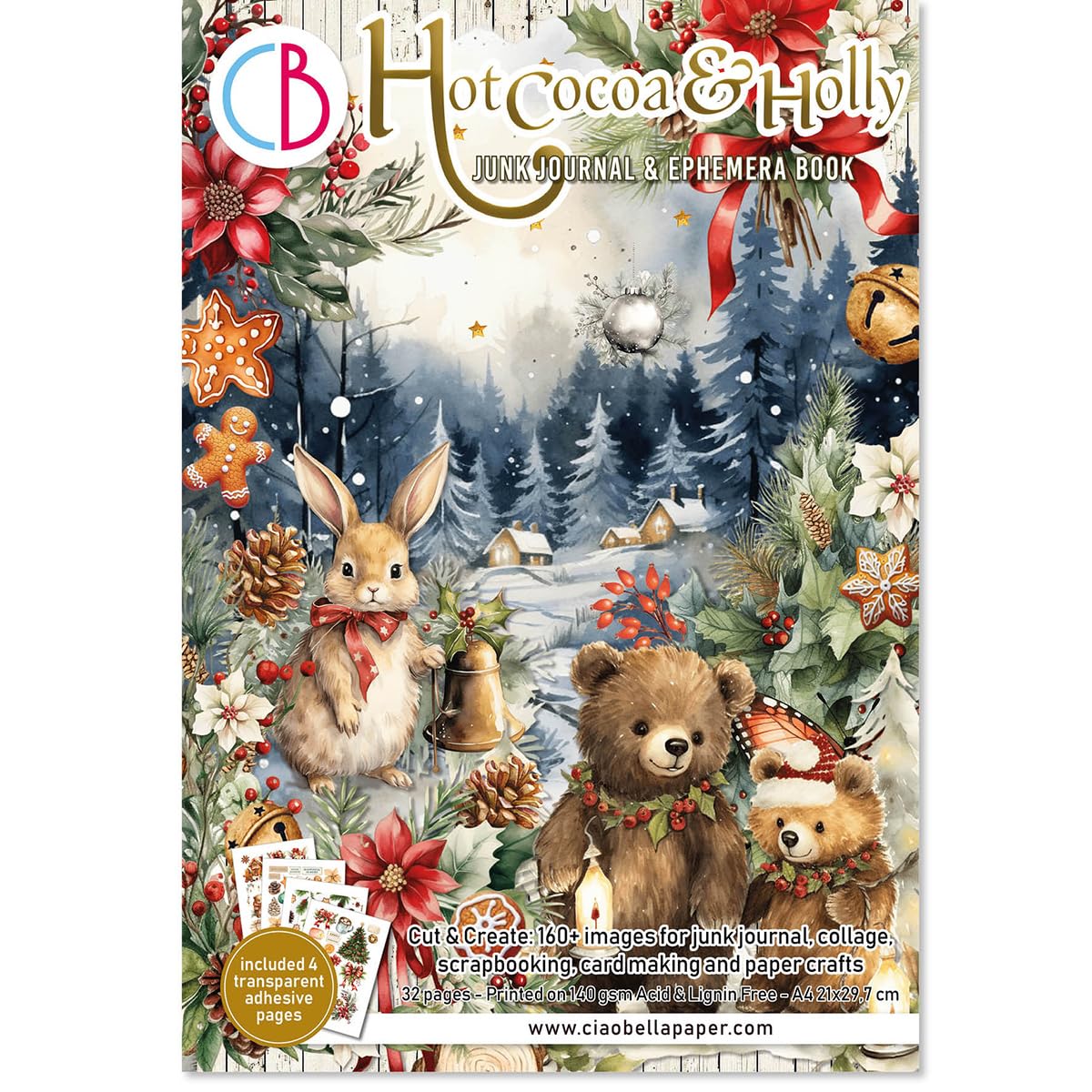 Ciao Bella Ephemera Book & Junk Journal for Paper Crafts, Card Making, Scrapbooking & Collage - 140gsm cardstock (HotCocoa Holly)