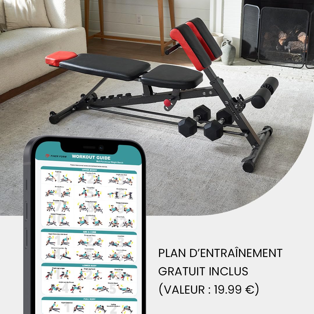 Finer Form Banc multifonction pour entraînement complet - tout-en-un - Extension lombaire, Chaise romaine, Banc de sit-up réglable - Incliné, plat et décliné - avec haltères ou pour développé couché