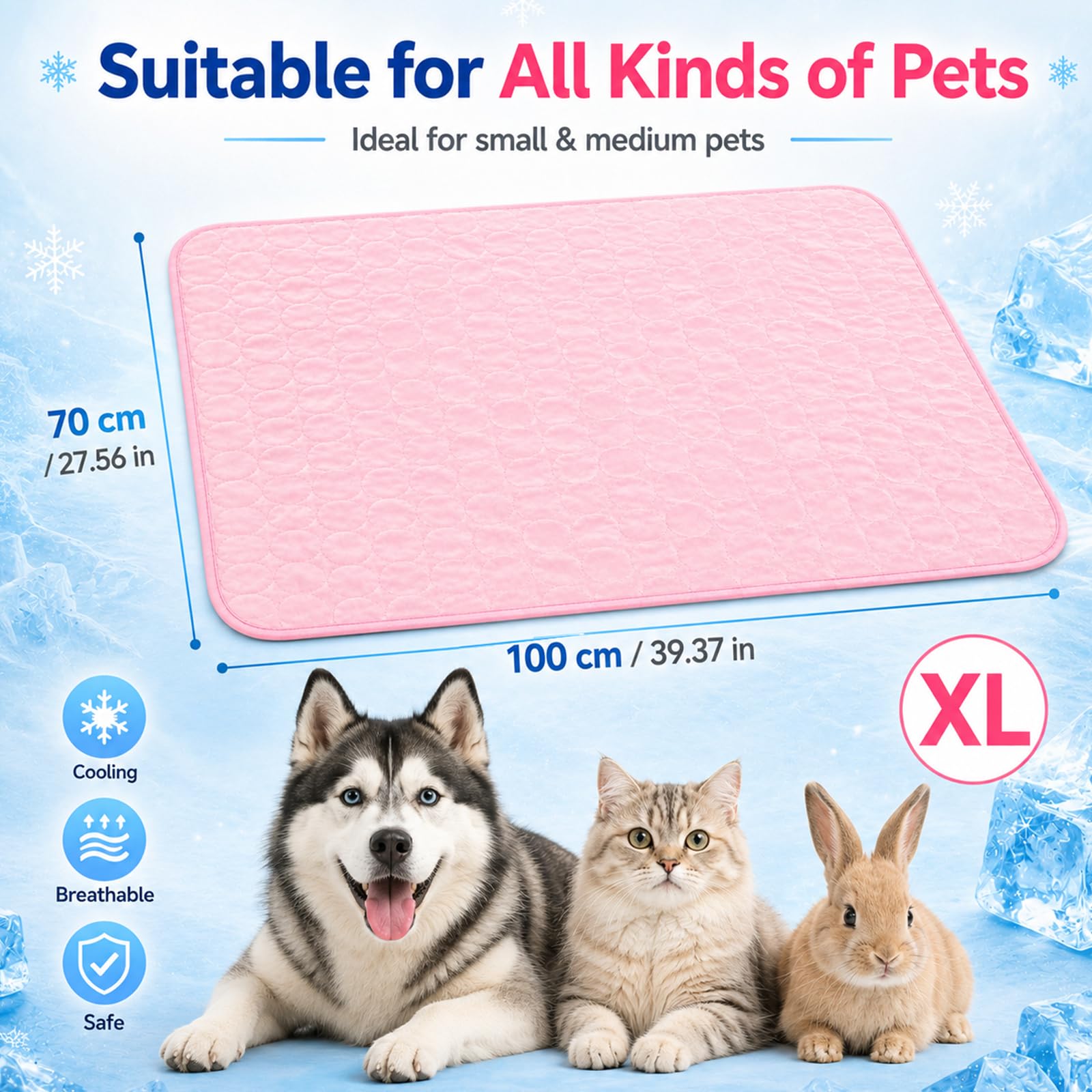 Kühlmatte für Hunde, Kühldecke Hund 100x70cm, Hundematten Sommer Kühlkissen, Haustier Hundematte für Zuhause Unterwegs Oder im Auto (XL – Rosa)
