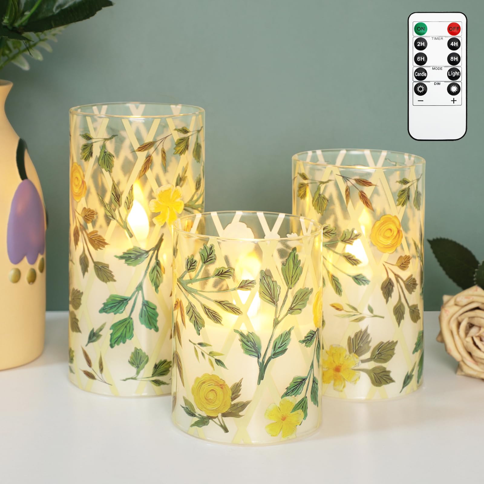 Crystal Club Yellow Floral Flameless Candles with Remote &amp; Timer