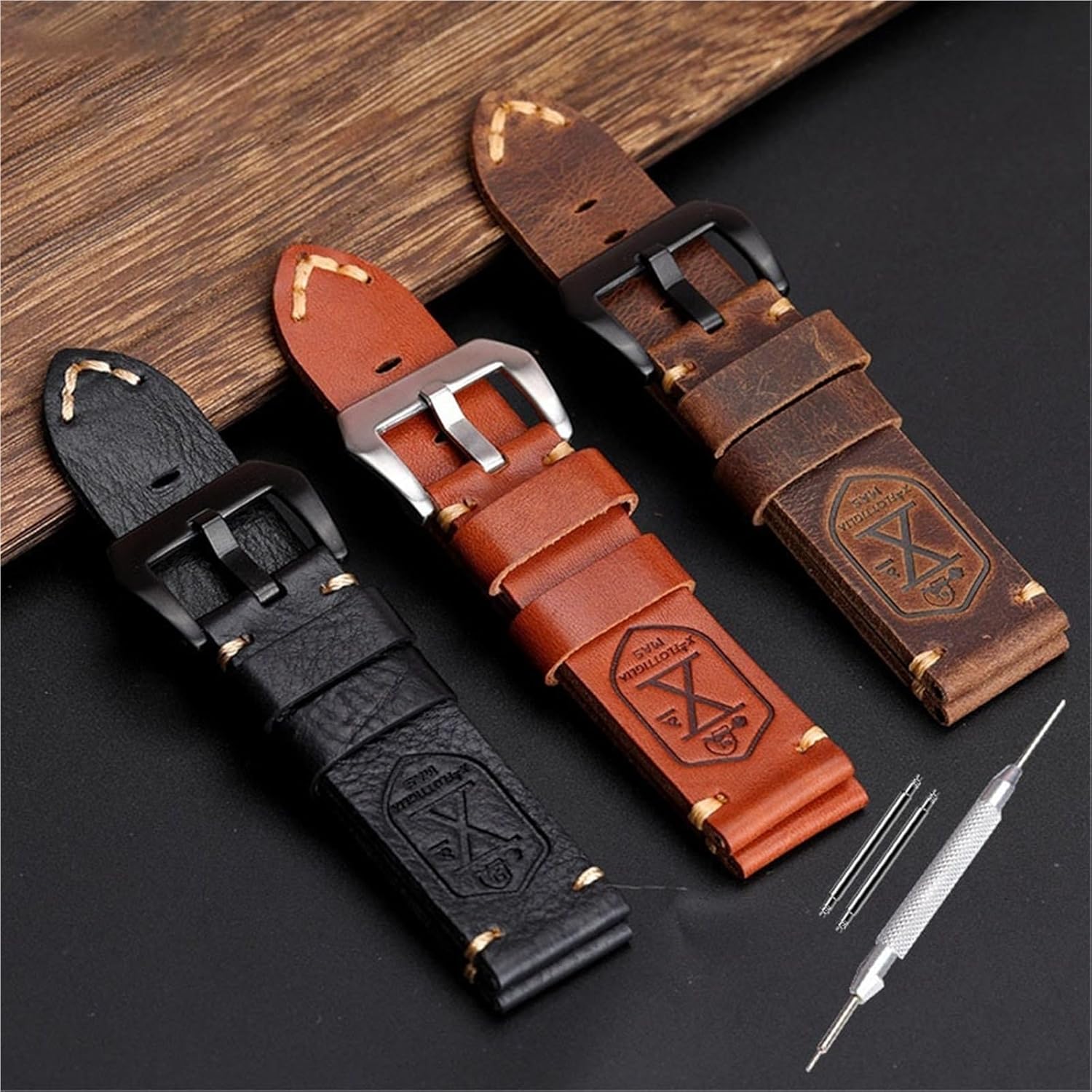 Genuine Leather Watch Strap for Panerai Luminor，Replacement Band with Stainless Steel Pin Buckle