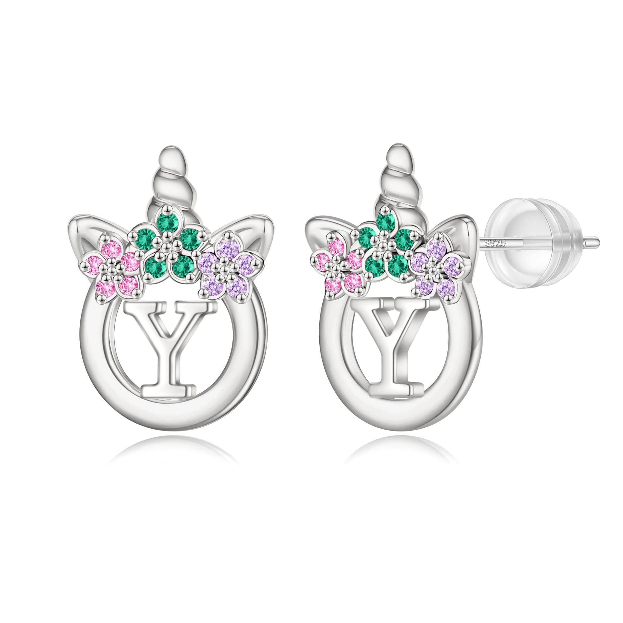 Unicorn Earrings Gifts for Girls - 925 Sterling Silver Stud Earrings Hypoallergenic Initial Unicorn Earring for Girls Kids Jewelry CZ Birthday Gifts
