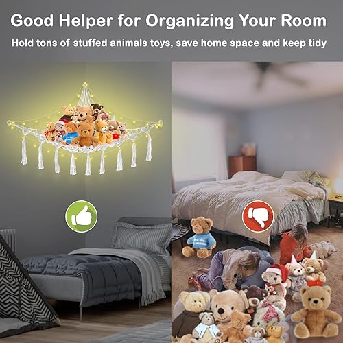 Miniatura 2 de Red de animales de peluche o hamaca almacenamiento de red suave con tira de luces LED ganchos y borlas para animales de peluche y juguetes de