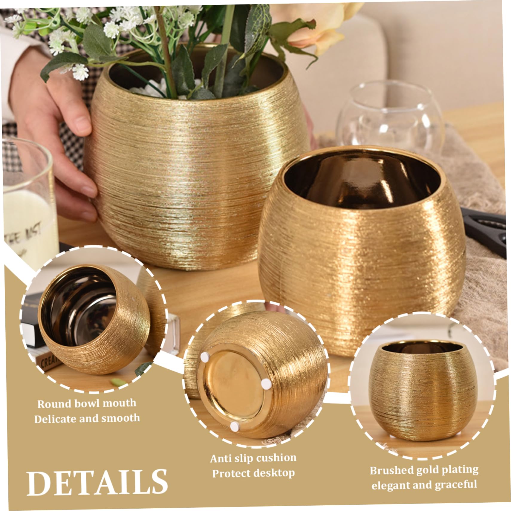 Goldener Pflanzkübel, moderner Keramik Blumentopf mit gebürsteter Goldoberfläche für Sukkulenten und Wohndekoration, runder Pflanzkübel (21 cm Durchmesser), Blumentopf, Pflanze, Keramiktöpfe, kl Garten
