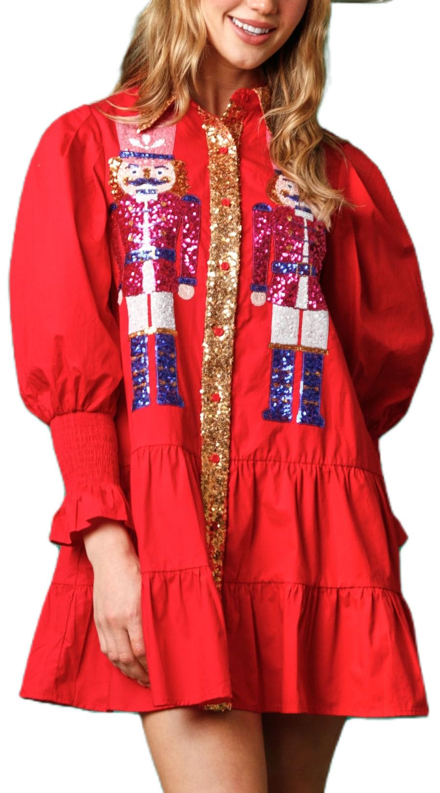 YiulangdeWomen Christmas Sequin Skirt Nutcracker Sweatshirt T-Shirt Dress Holiday Party Long Sleeve Santa Sweater Mini Dress