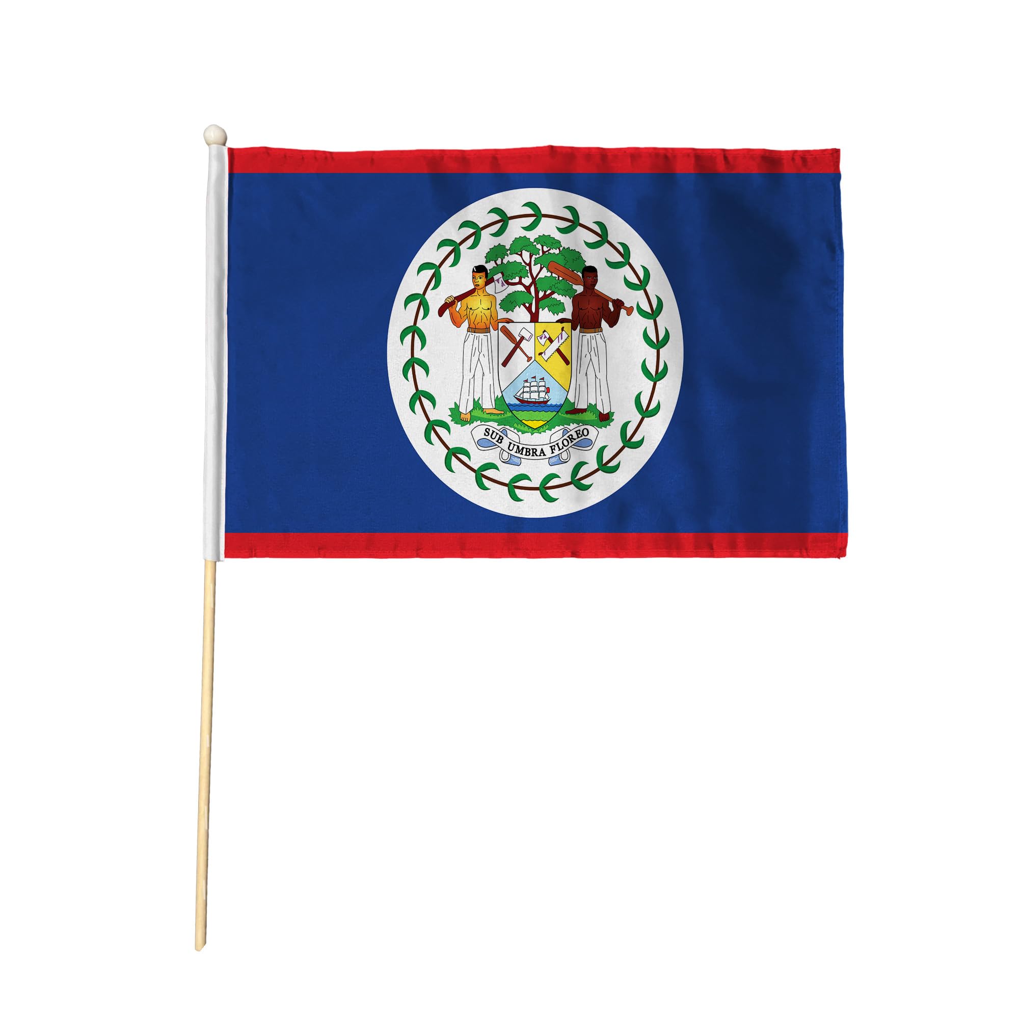 Flagtex Belize Pack of 2 Hand Waving Flag (9x6 Inch) - Premium Wooden Stick Hand Flag 9x6 Inch Natural Wood Pole Central American Coat of Arms Flag Events Parades