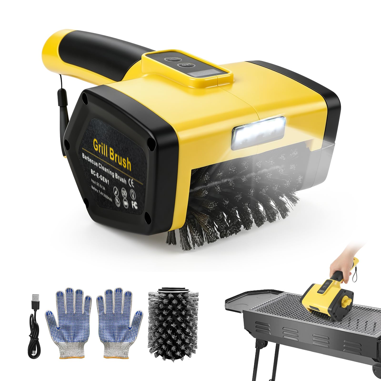 Electric Grill Brush, 800RPM Cordless BBQ Grill Cleaner with 3000mAh Rechargeable Battery, Detachable Washable Brush with LED Light USB Cable for Barbecue Grate Flat Top Grills