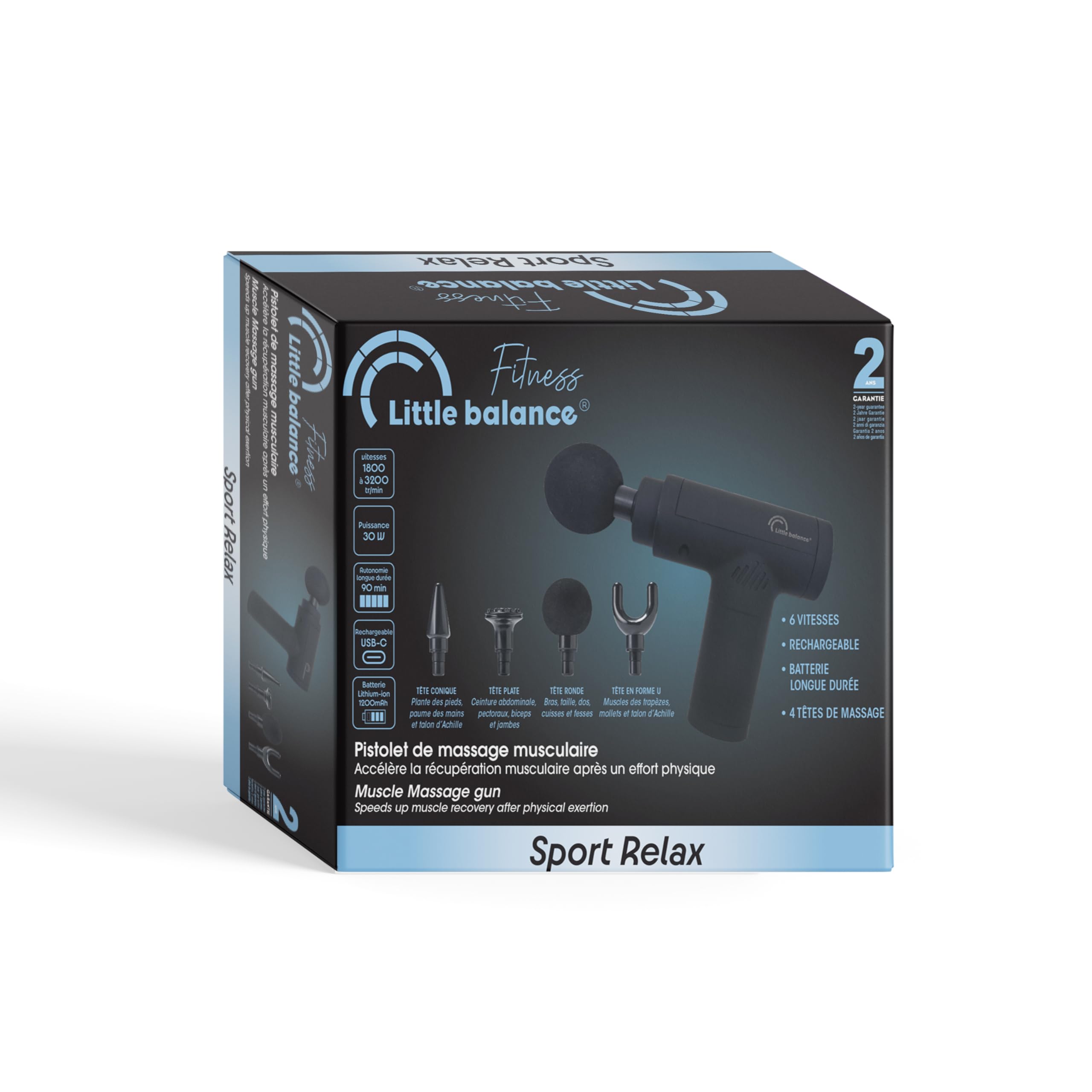 LITTLE BALANCE 8787 Sport Relax, Pistolet de massage, Appareil de massage électrique pour tissus profonds, 4 têtes de massage interchangeables, 6 vitesses, Relaxation, Auto massage, Noir