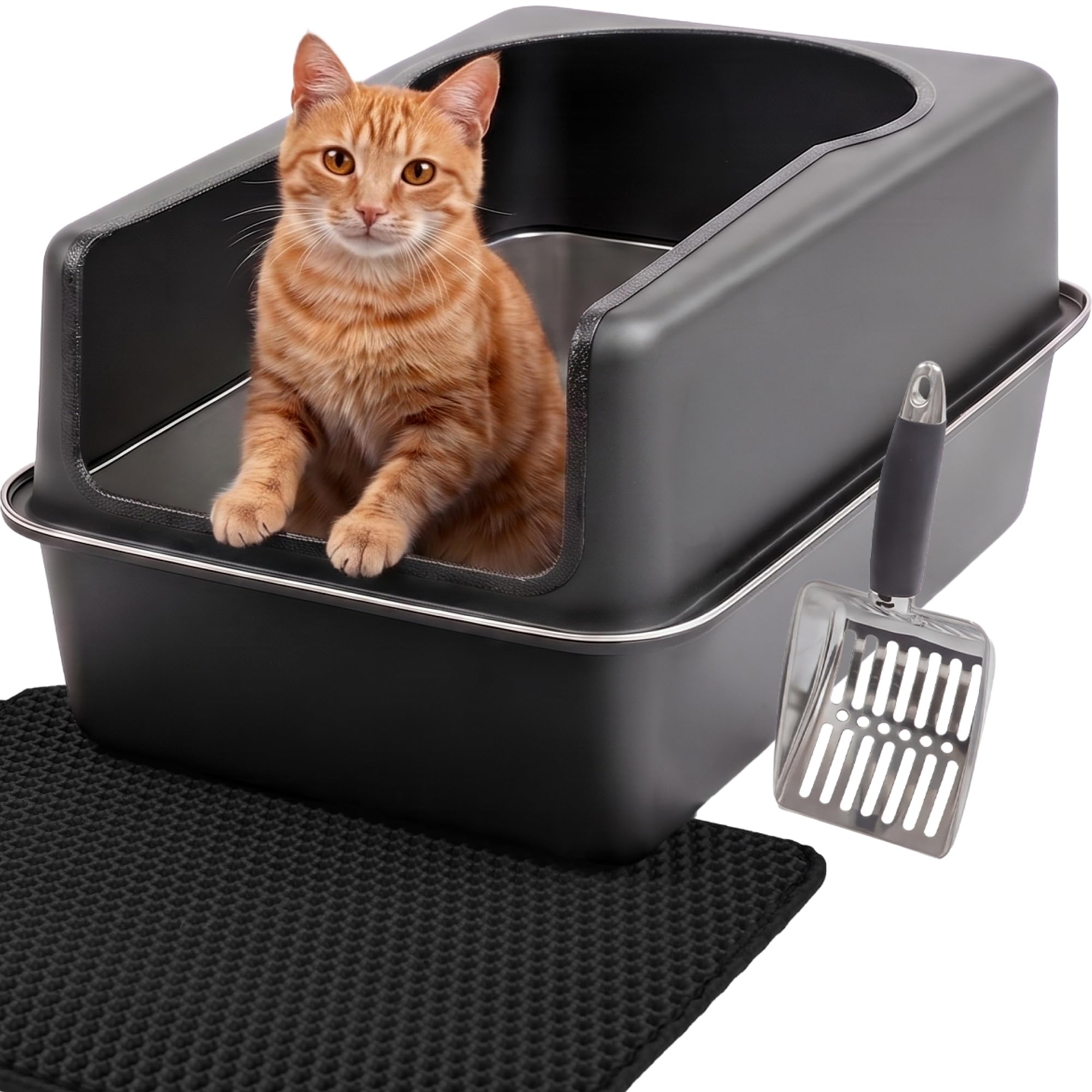 Bac à litière Chat INOX XXL Noir Mat – Facile à Nettoyer, Anti-odeurs – Litière avec Bords Hauts, 38L – Anti-Fuite, antiadhésif – avec Pelle et Tapis