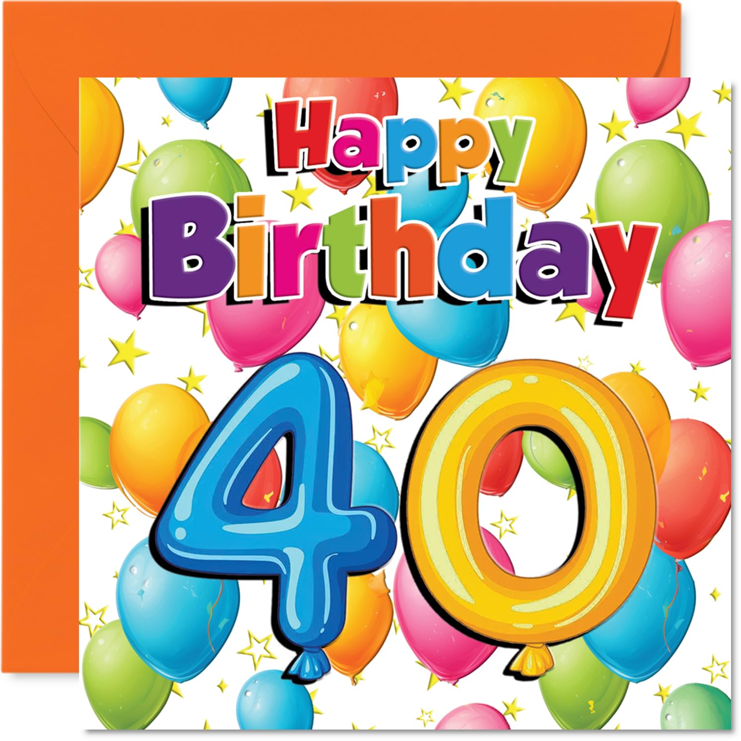Milestone 40th Birthday Card - Celebrate Turning 40 in Style - Colourful Balloons and Stars Design - Brings Cheerful Birthday Vibes - 145mm Square, Envelope Included