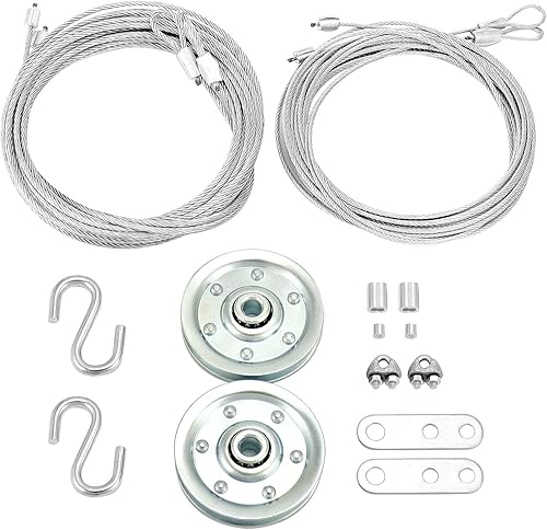 QWORK Kit de reemplazo de cable y polea de garaje, 2 poleas estacionarias de 3 pulgadas, 2 cables galvanizados para aeronaves (332 pulgadas, 18