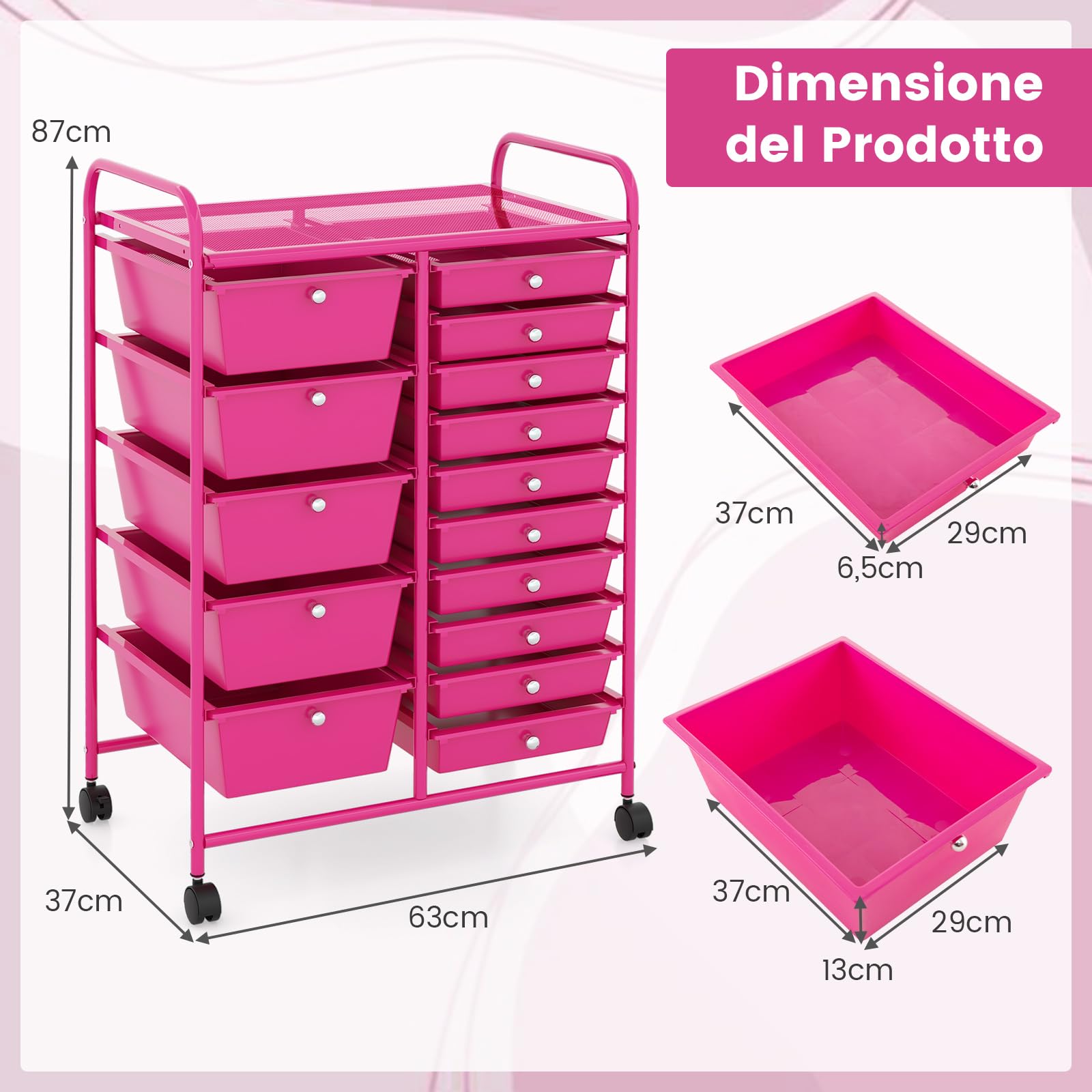 GIANTEX Carrelli Porta Oggetti, con 10+5 Cassetti Impilabili, 2 Ruote Bloccabili, Braccioli Metallici, Portabile e Pratico, per Ufficio, Studio, Cucina,Bagno, 5 Colori Disponibili, 62,5x37x87 cm