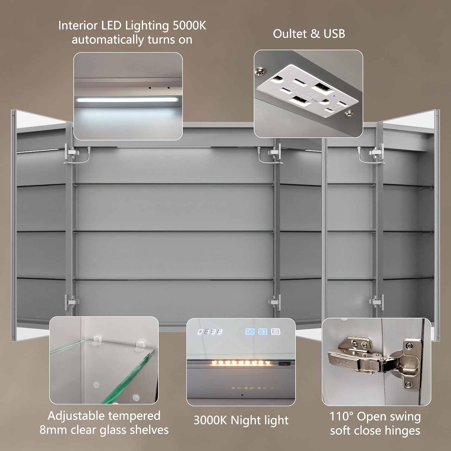 Boyel Living 48x32 Inch Bathroom Cabinet with Mirror and Lights LED Medicine Cabinets for Bathroom Recessed or Surface Mount Anti-Fog, Clock, Room Temp Display, Dimmer, Outlets & USBs