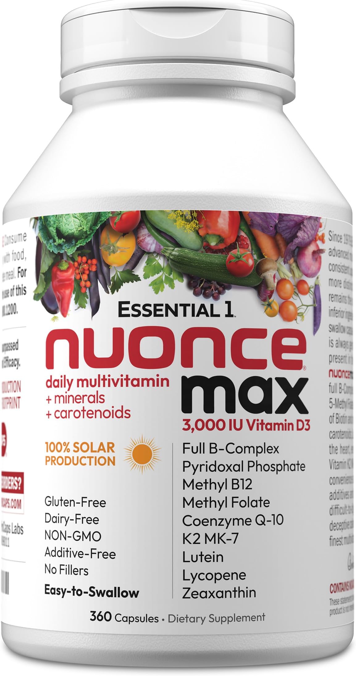 Essential-1 nuonce max Multivitamin 3000 IU Vitamin D3 360 Small Capsules. 100 mcg Methyl B12. CoQ10 Lutein Lycopene Zeaxanthin. High Potency. No Additives. Ultra-Mild One Daily Capsule