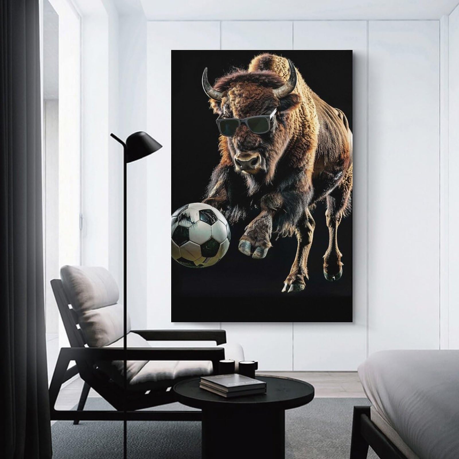 Junmoney Unframe-Style-8-1 Bison With Soccer Ball Hanging Wall Art 08X12inch(20X30cm), For Bedroom Walls, Guest Spaces Or Lounges, Home Artwork With A Soft Interior Feel