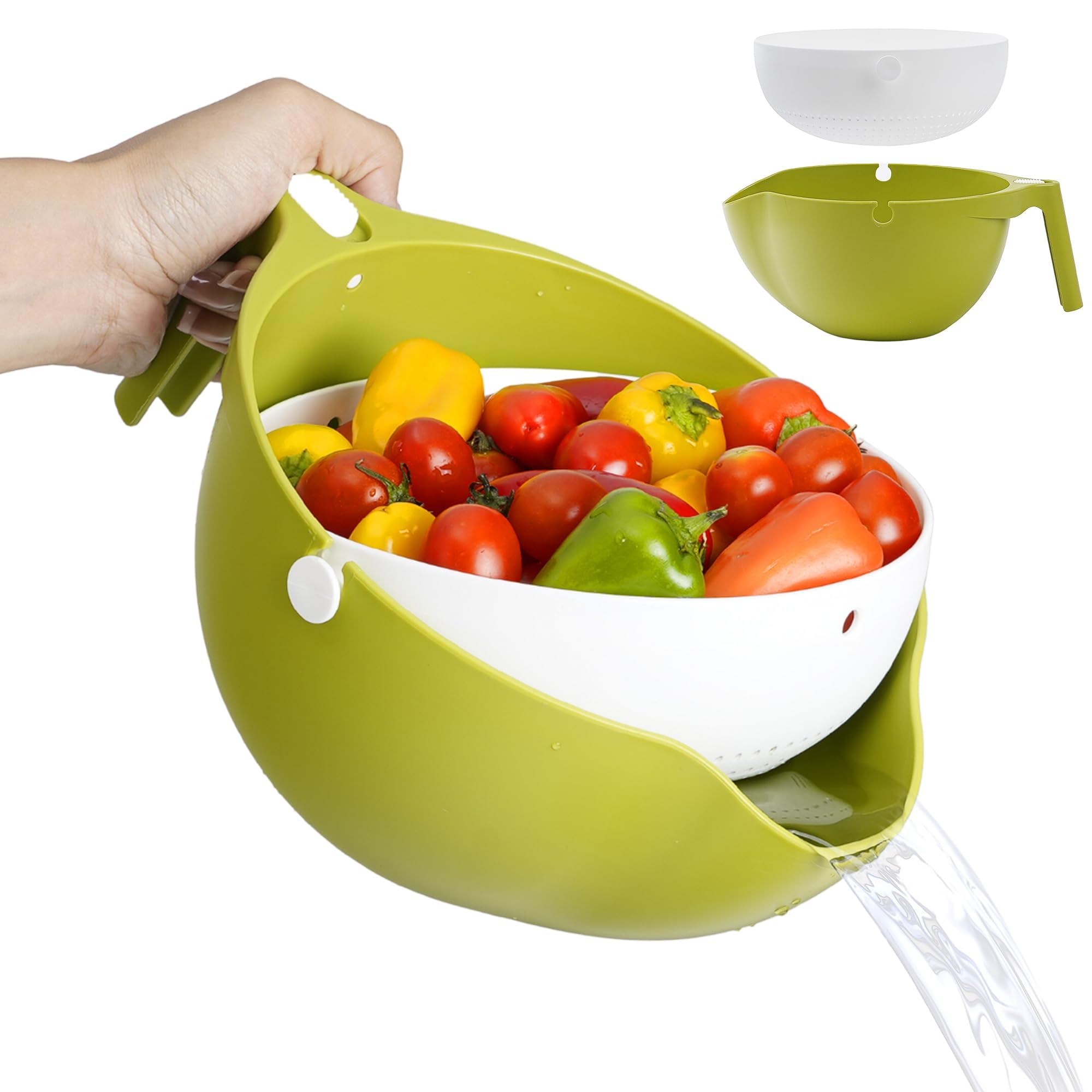 Rotatable Colander with Wash Bowl for Fruits and Vegetables - Soak, Wash and Drain Double Layer Strainer with Bowl - Pasta, Spaghetti,Noodles,Beans,Fruit and Vegetables Strainer with Handle (Green)