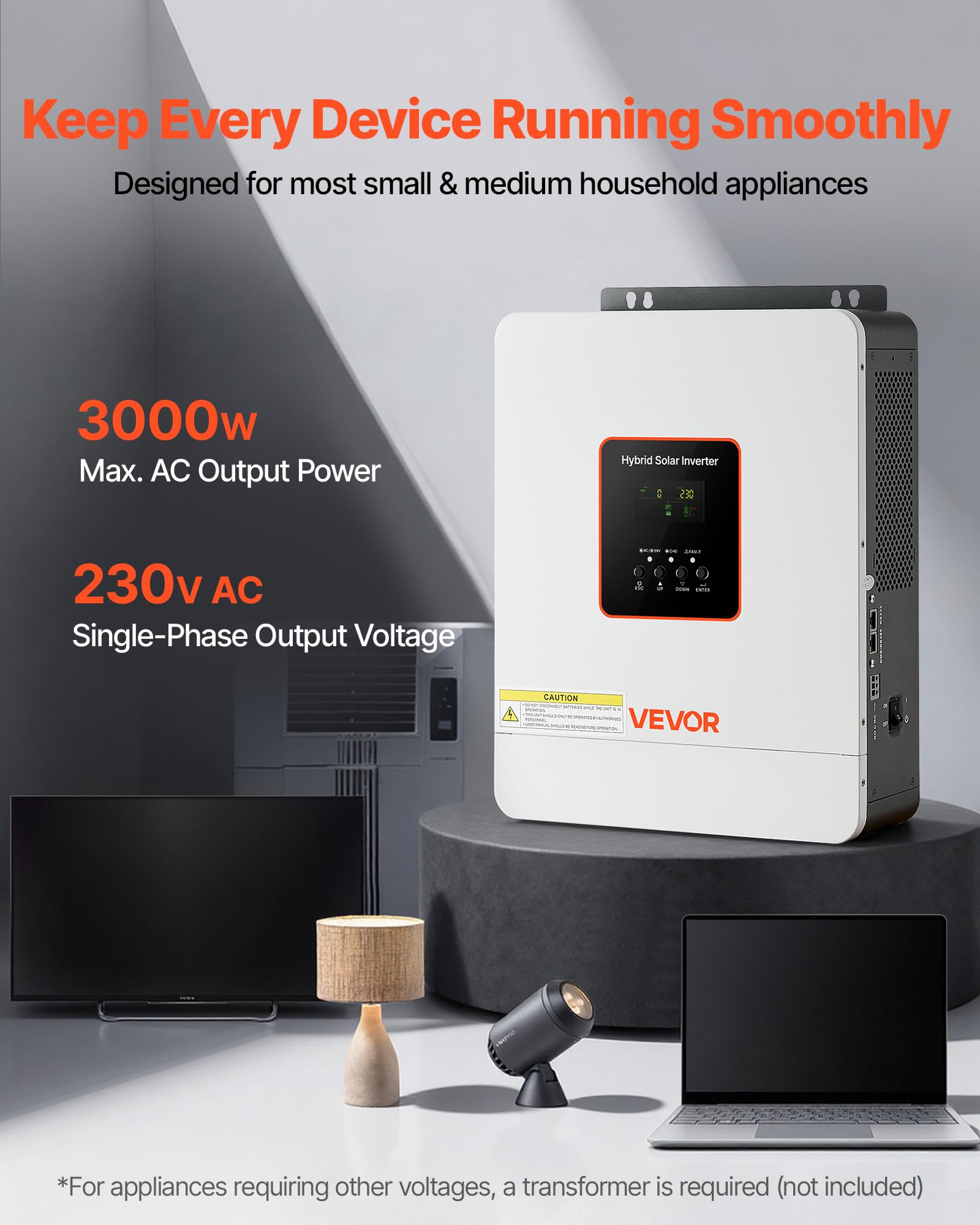 VEVOR Inverter Solare Ibrido Off-grid 3000 W 24 V CC a 230 V CA, Inverter e Caricabatteria Onda Sinusoidale Pura, Regolatore Solare MPPT da 80 A Integrato, Compatibile con Batteria al Litio al Piombo