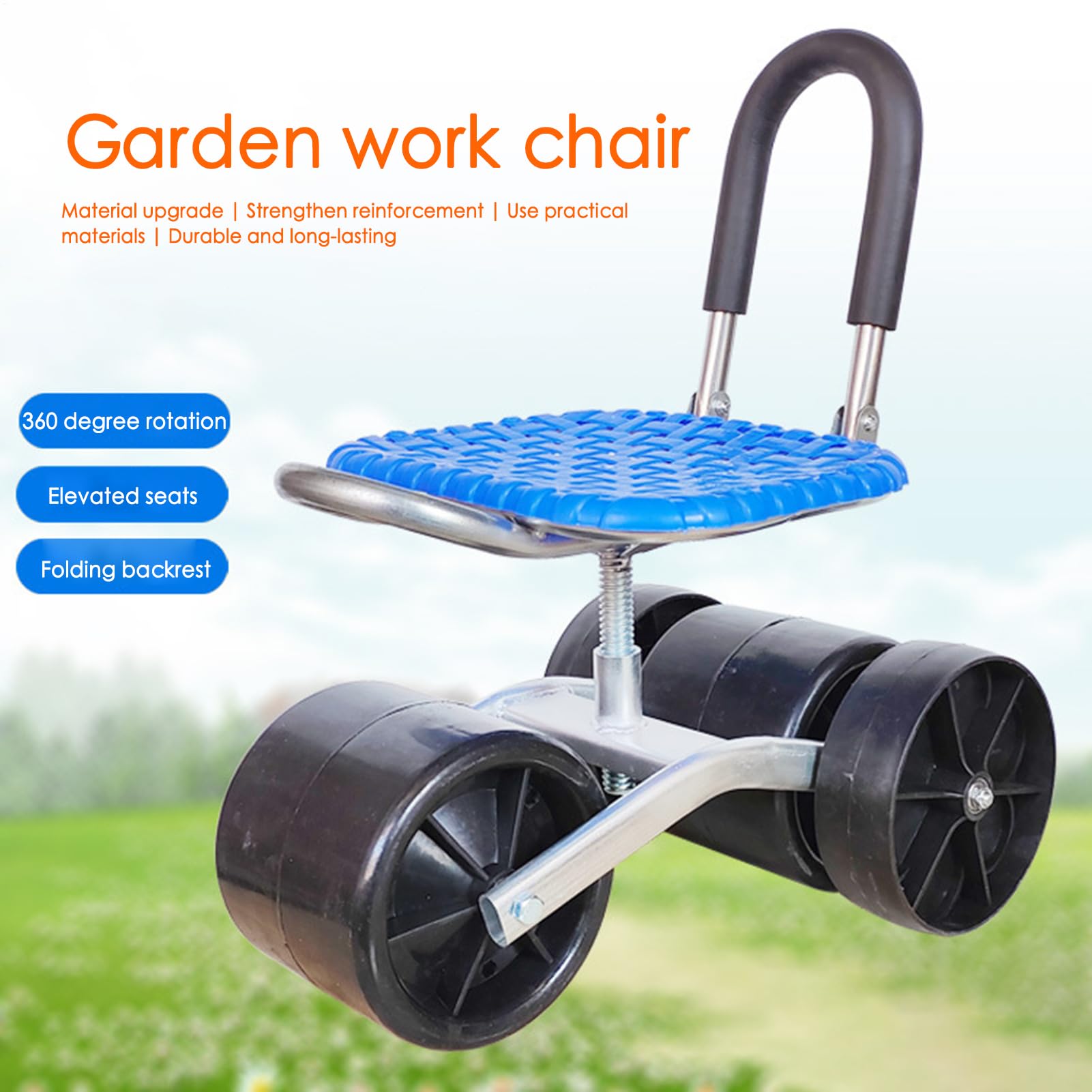 Sgabello da giardino pieghevole in altezza regolabile, carrello da