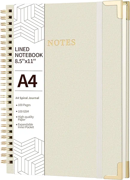 ALKALO A4 Spiral Notebook Journal, (8.5×11'') 100 Pages Linen Hardcover College Ruled Journaling For Work & Note Taking Thick Spiral Journal For Writing Daily Journal For Women & Men - White