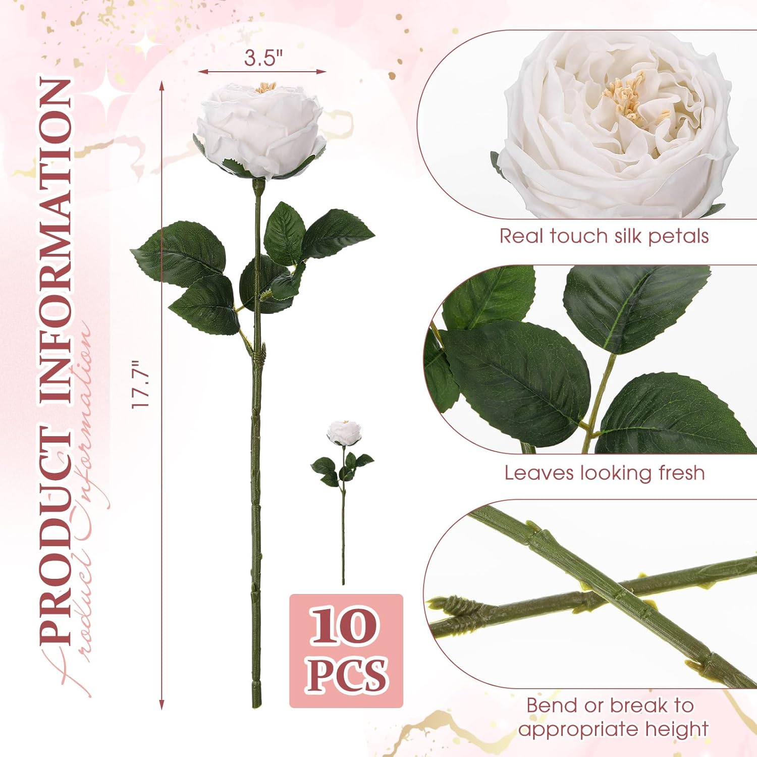 10pcs Real Touch Peonies Artificial Flowers, Faux Austin Rose with Long Stem Look Real Fake Flower for Christmas Valentines Arrangement Wedding Party Home Kitchen Decor(White) - Image 3