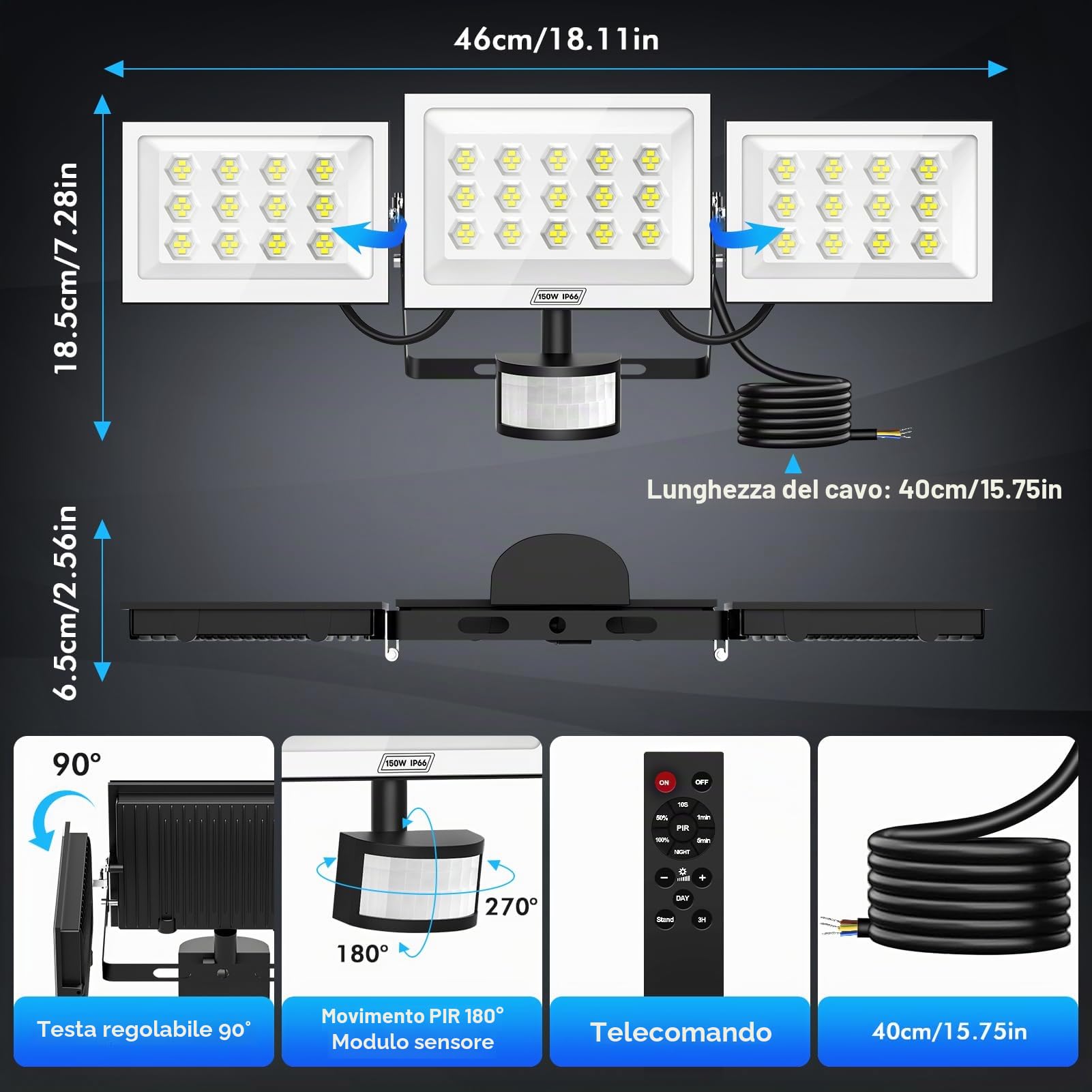 Faretto LED da Esterno con Sensore di Eovimento, 150W 15000LM Faretto 6500K Bianca Fredda, 3 Teste Lampada, Rotazione Orizzontale di 90°, Faro LED Esterno IP66 Impermeabile, per Patio Garage