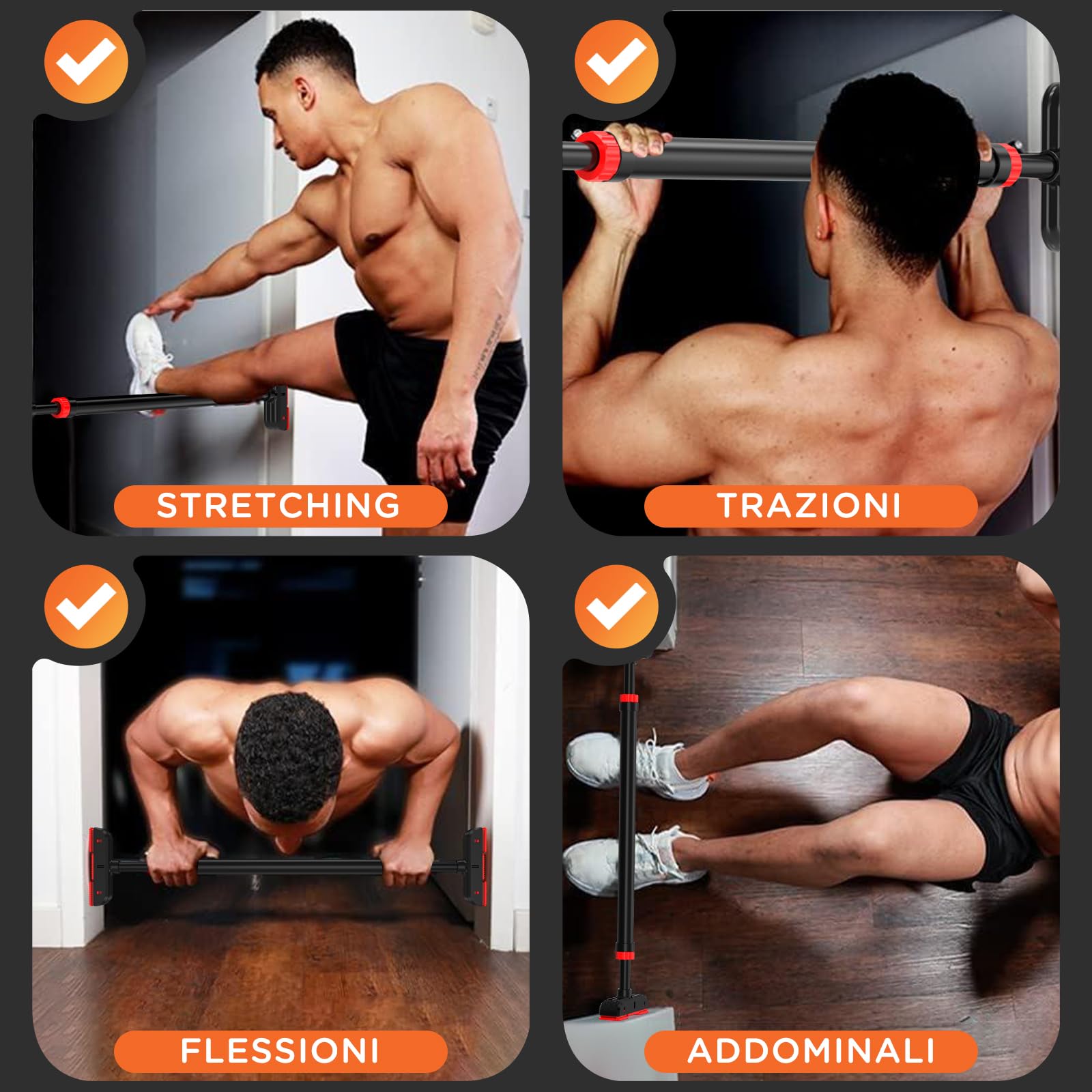 DH FitLife Barra per trazioni, telaio della porta senza viti, Pull up bar Doorway per avvitare, per allenamento di forza, barra per porta 72-92 cm, Carico 200kg, con livella a bolla