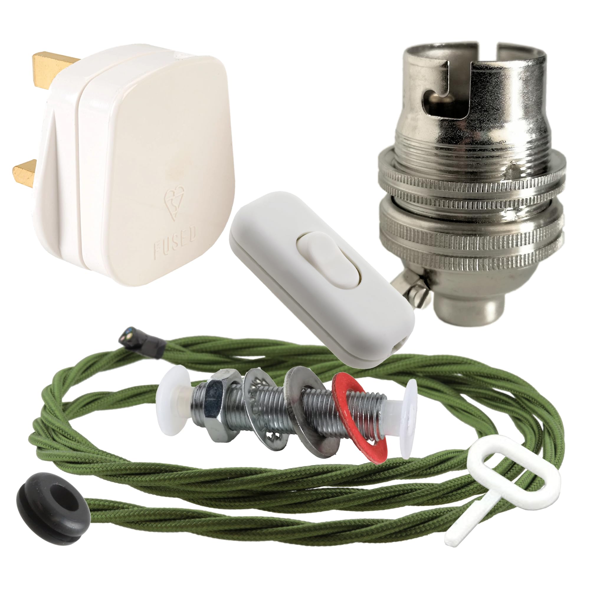 Art Deco Emporium Lamp Repair and Servicing Kit|White Plug|Green Flex|White Switch|B22 Chrome Finish Lamp Holder