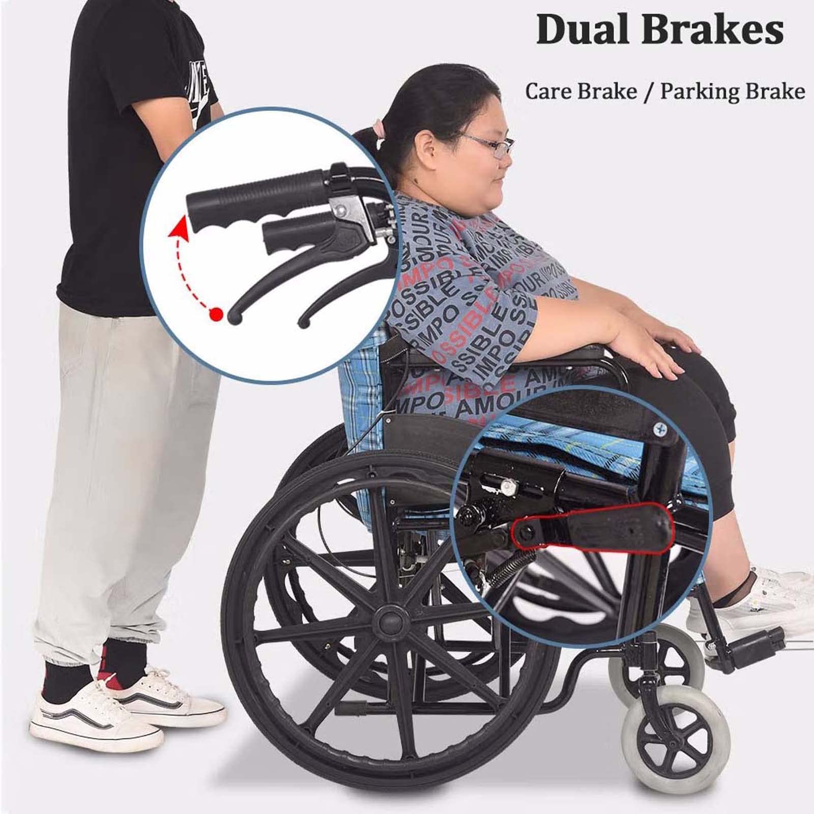 Silla de ruedas extra ancha con 20 asientos, capacidad de peso de 400 libras, silla de transporte plegable resistente para adultos, brazos completos y reposapiés abatibles