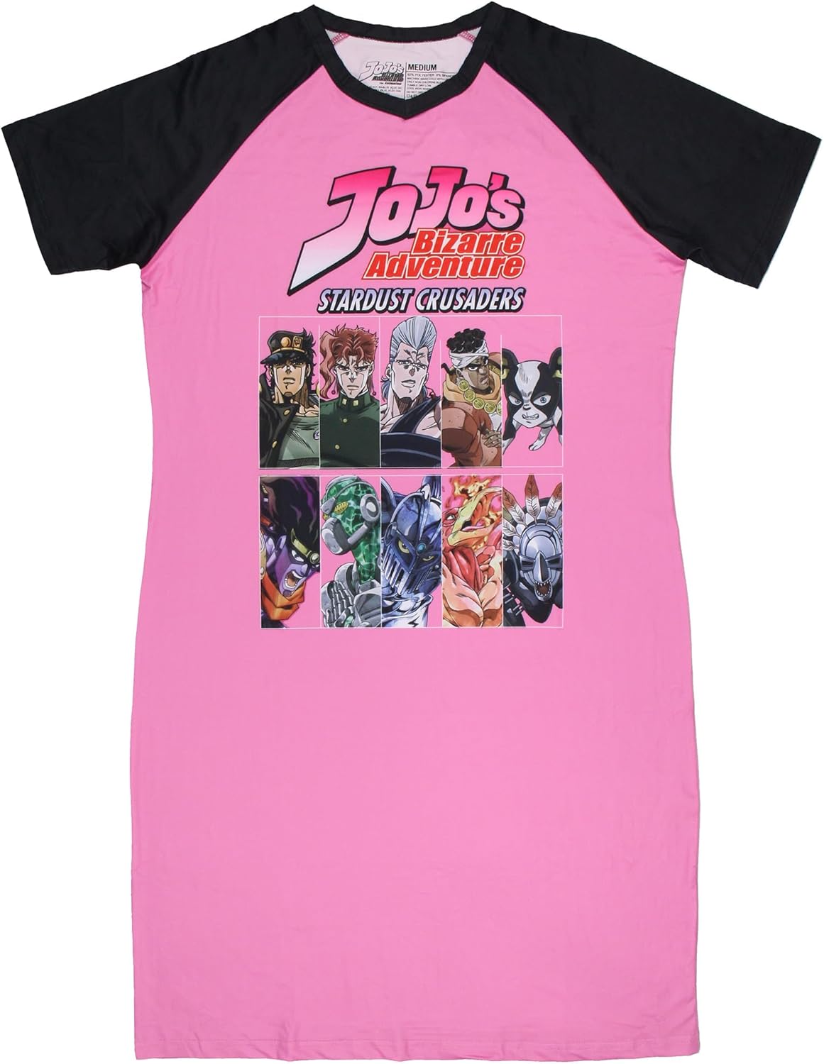 Bioworld Jojo's Bizarre Adventure Womens' Stardust Crusaders Character Grid V-Neck Pajama Sleep Shirt Raglan Nightgown - Image 4