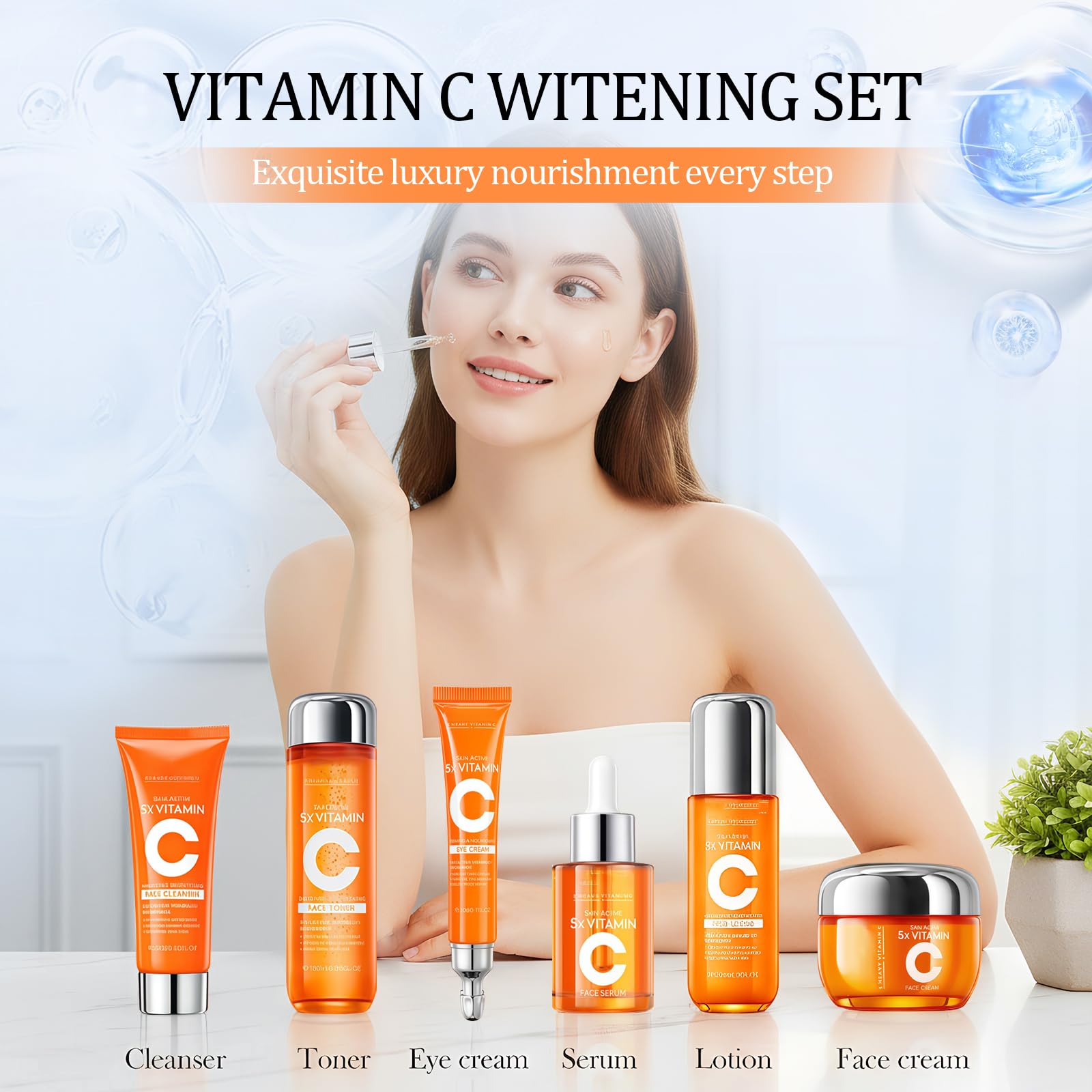 6PCS Coffret Soin Visage Vitamine C,Routine Visage Complète avec Nettoyant,Tonique,Sérum,Contour des Yeux,Lotion & Crème-Hydratation & Éclat du Teint-Pour Femme & Homme