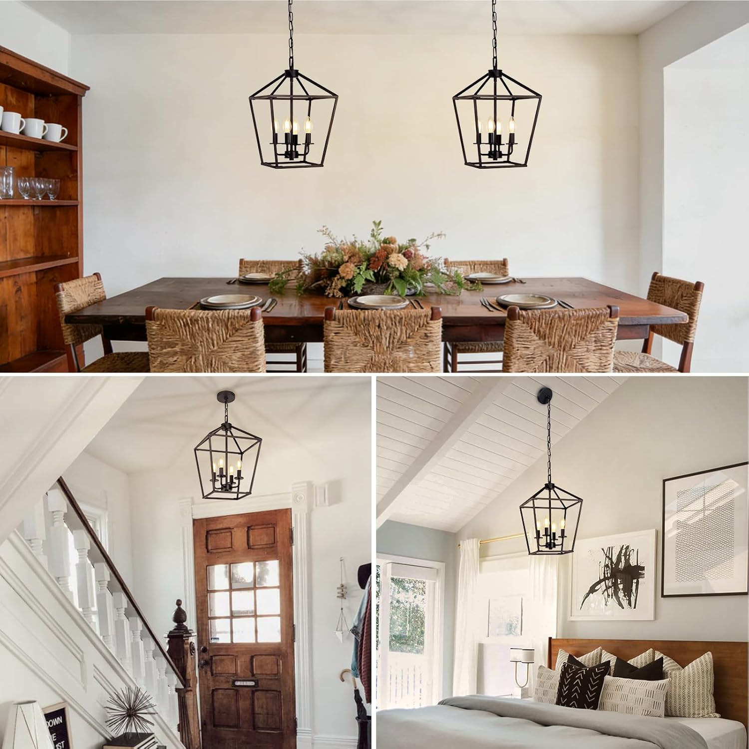 4 Light Chandelier, Industrial Ceiling Light Black Lantern Light Fixtures with Farmhouse Metal Cage Adjustable Height Rustic Geometric Hanging Light E12 Base for Kitchen Island, Entryway, Indoor